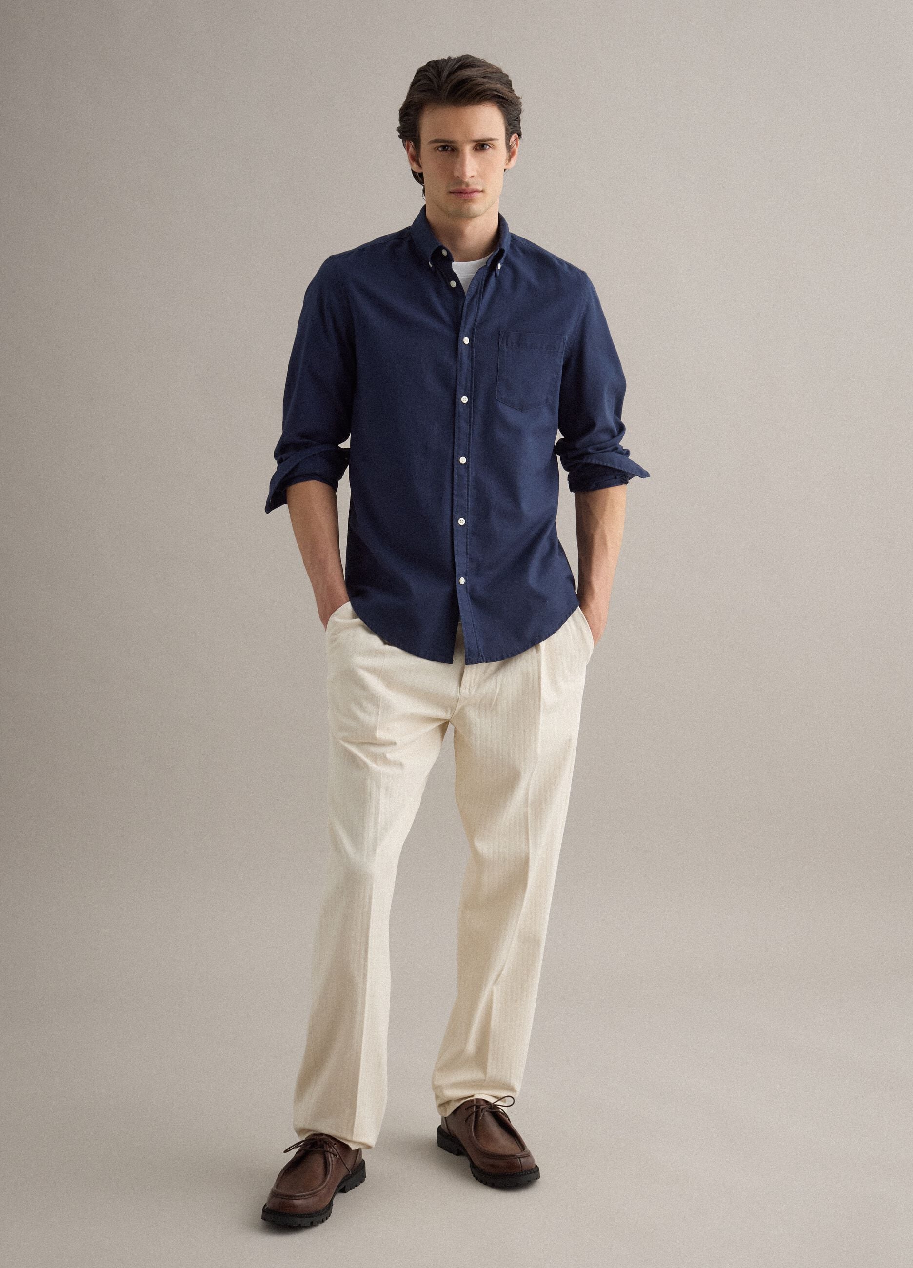 Long-sleeved blue shirt in pure cotton