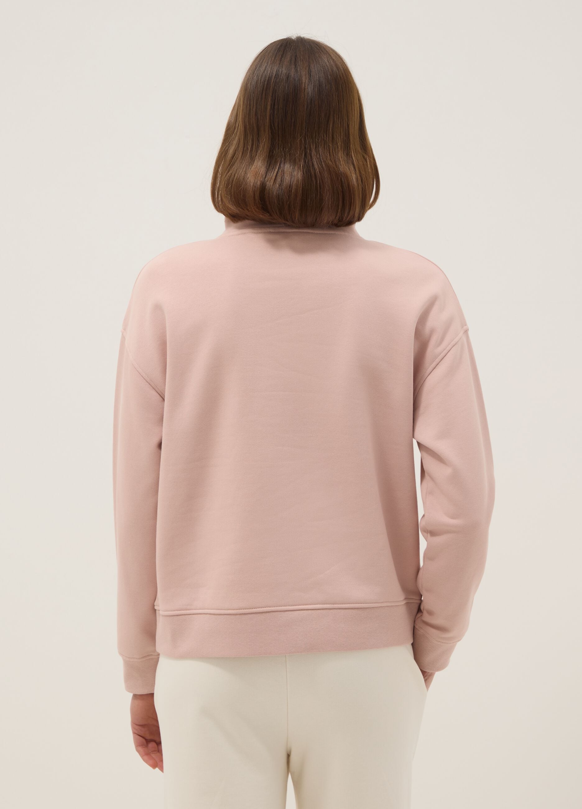 Felpa in misto cotone rosa regular fit con mezza zip e collo alto