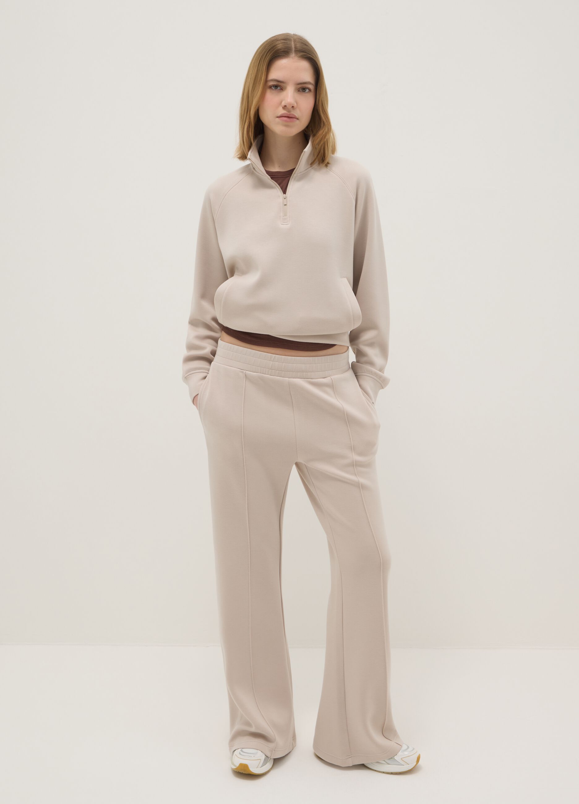 Beige regular fit modal blend sweatshirt with half zip