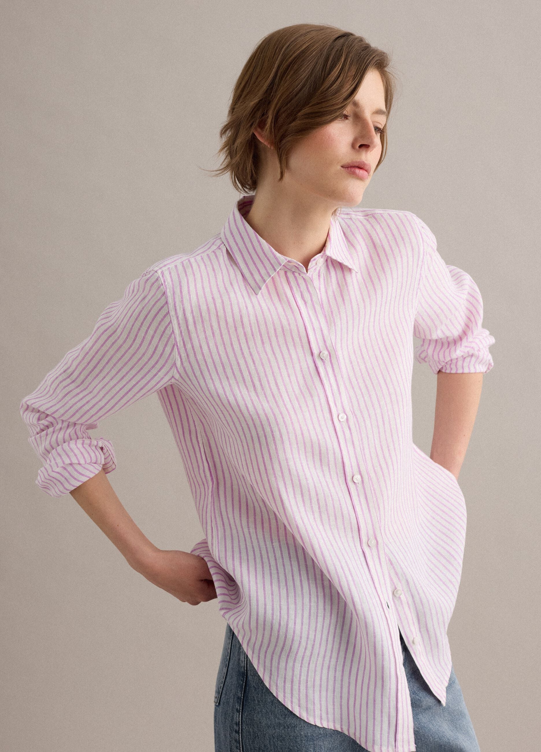 White and pink striped pure linen shirt, regular fit