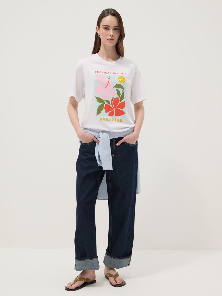White pure cotton T-shirt with floral print, regular fit_2