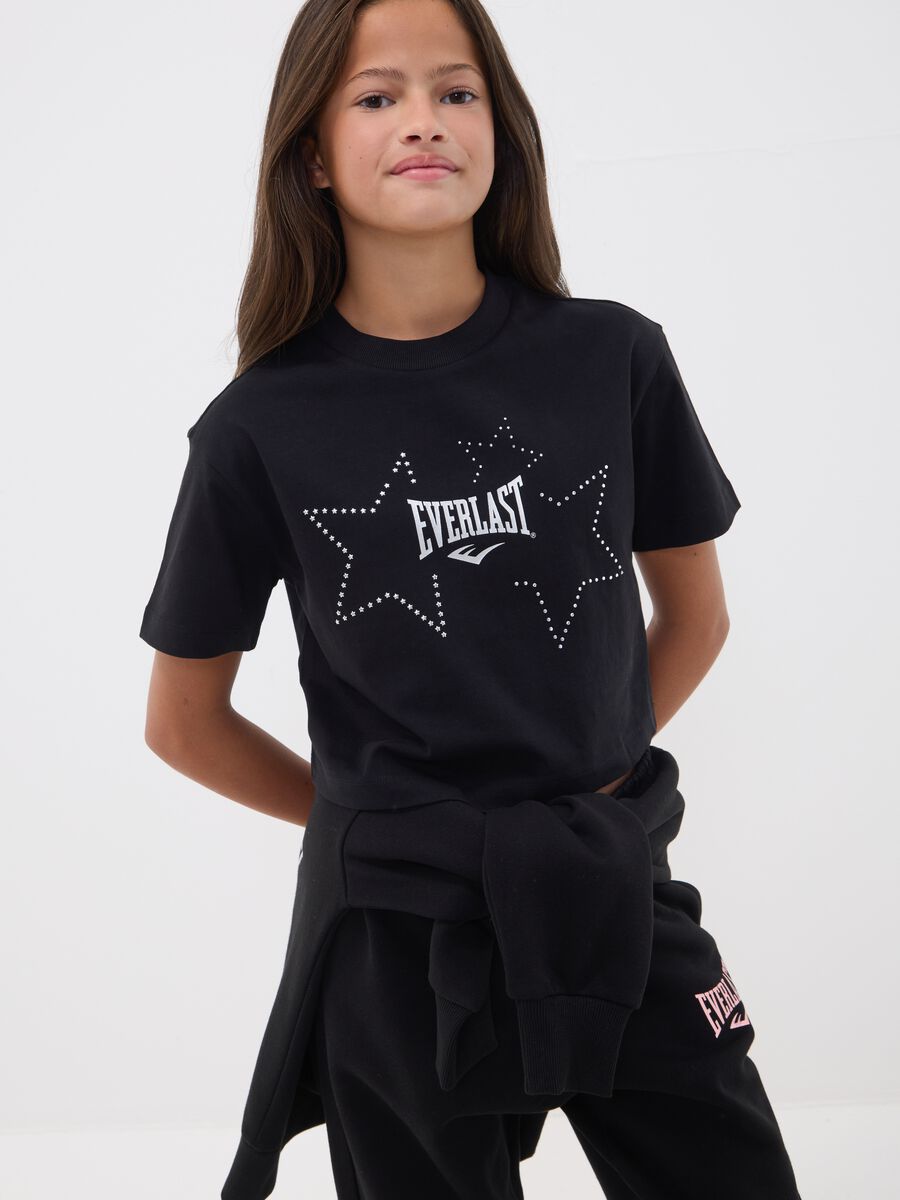 Girls&rsquo; cropped black pure cotton T-shirt with embellished stars_0