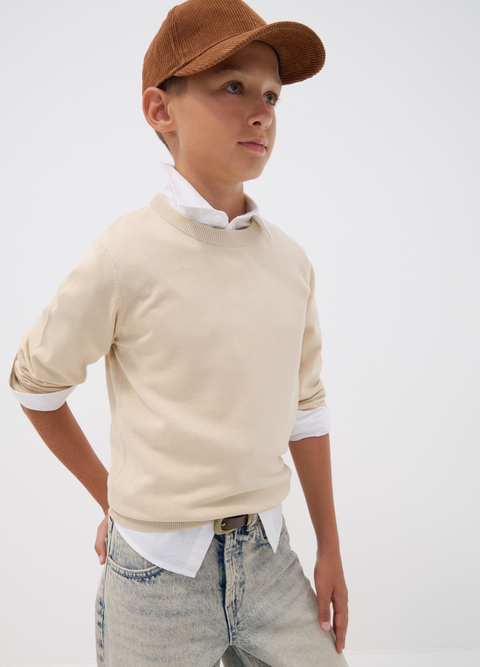 Maglia beige in puro cotone a maniche lunghe regular fit per ragazzo
