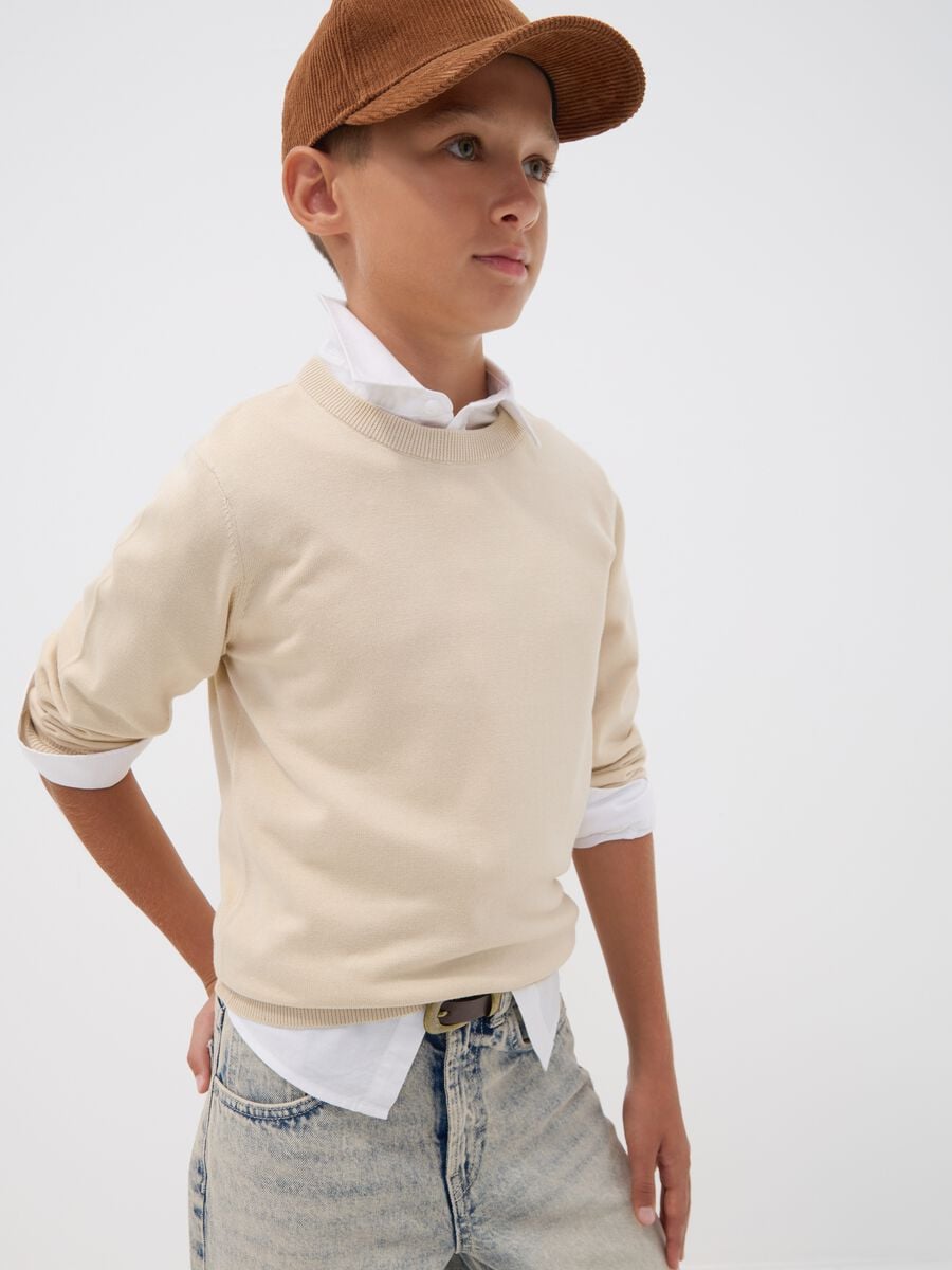 Maglia beige in puro cotone a maniche lunghe regular fit per ragazzo_0