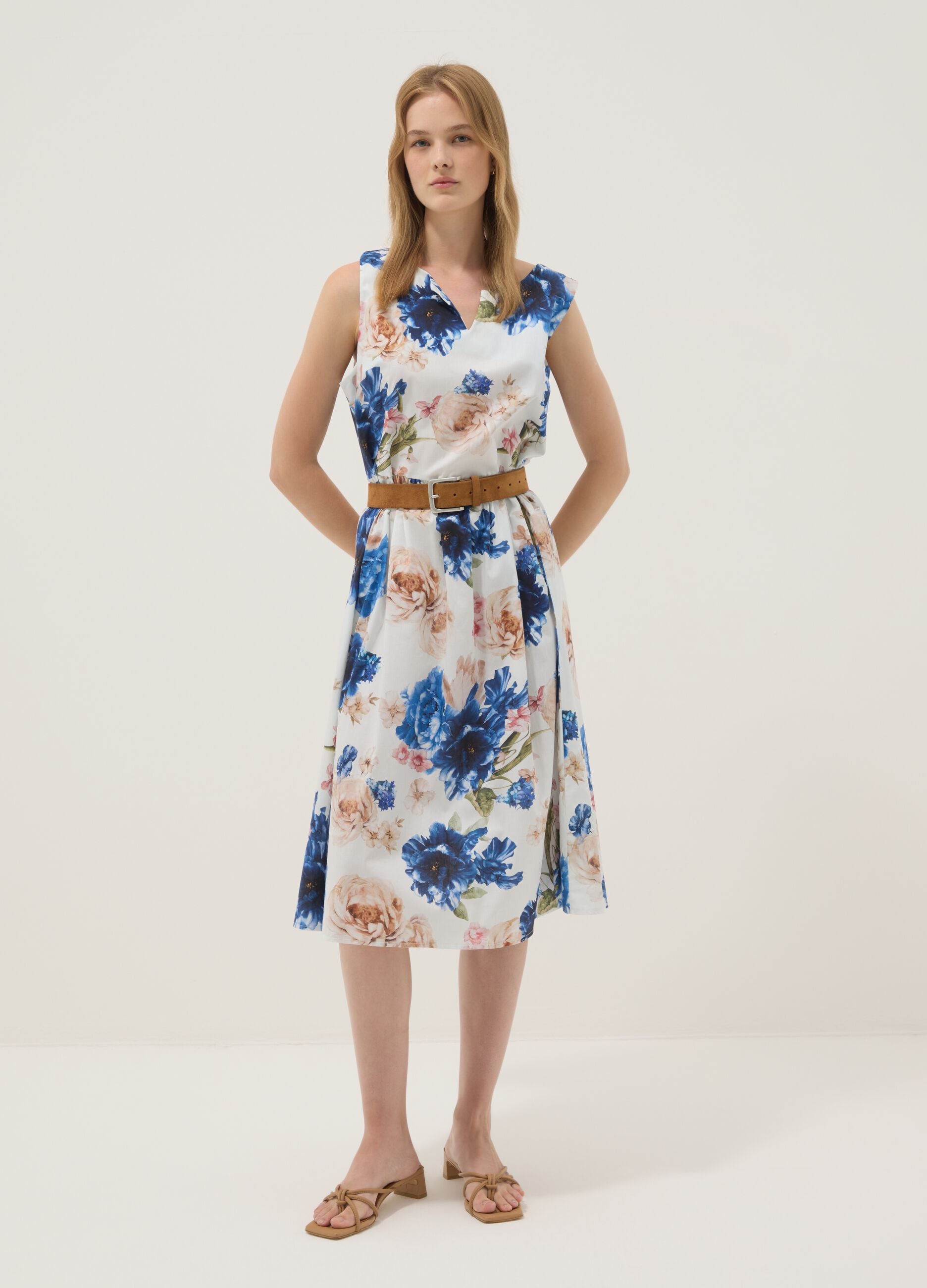 White floral midi dress in stretch cotton
