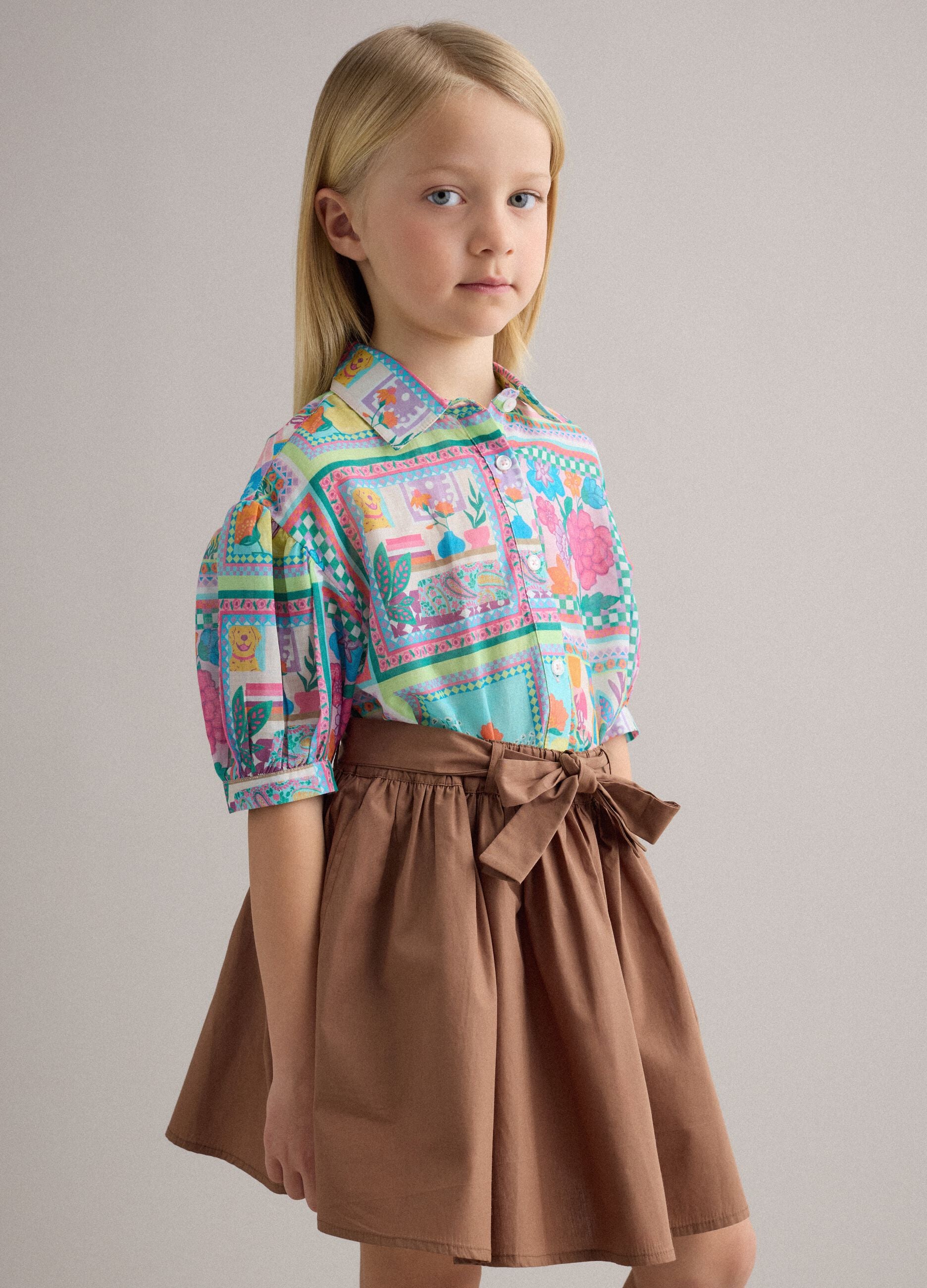 Brown pure cotton girls' skirt regular fit with bow