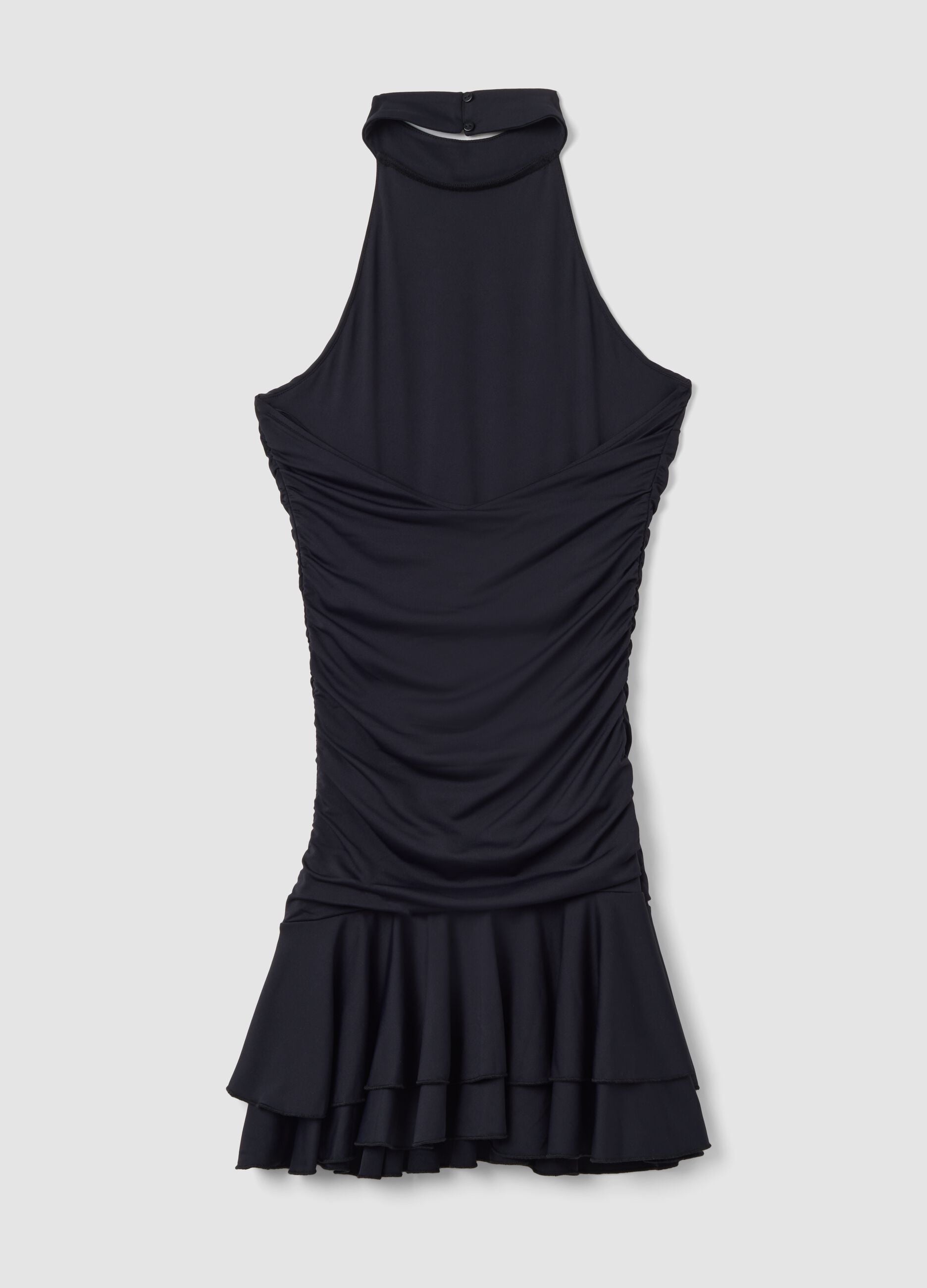 Black stretch dress with high neck and ruffle hem