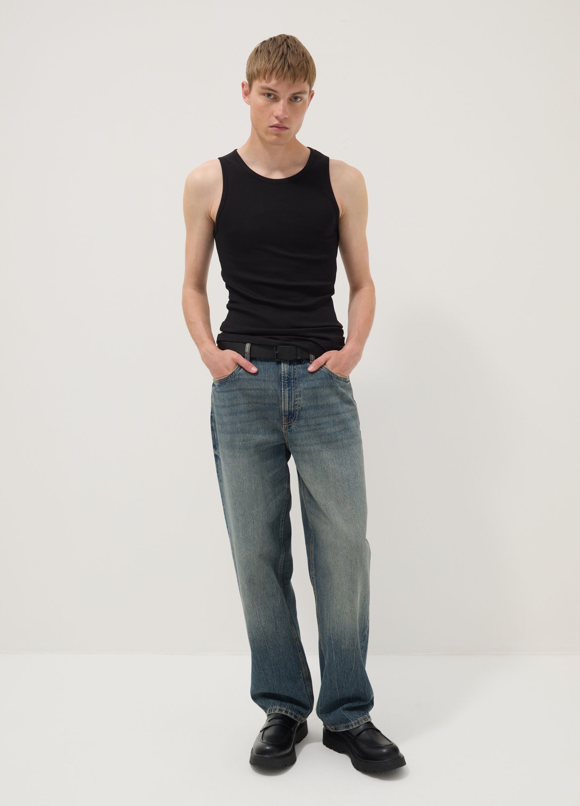 Black ribbed stretch-cotton fitted tank top