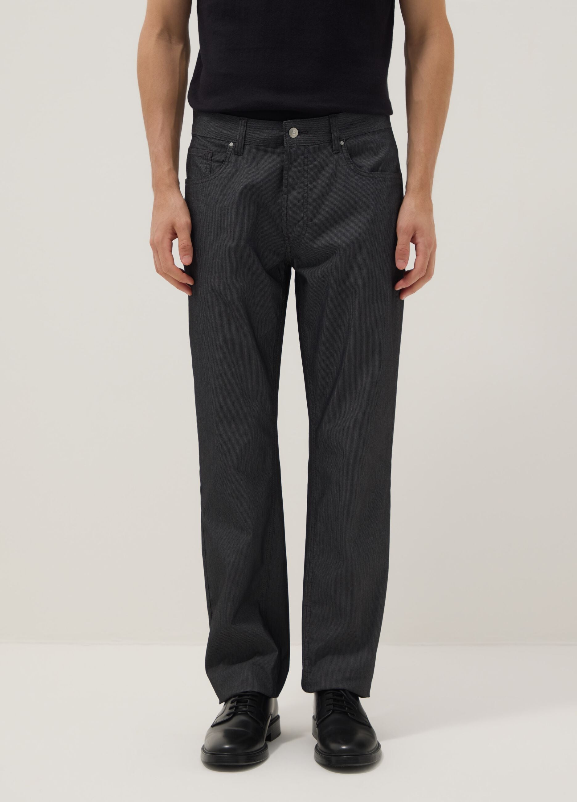 Black stretch cotton regular fit trousers with five pockets