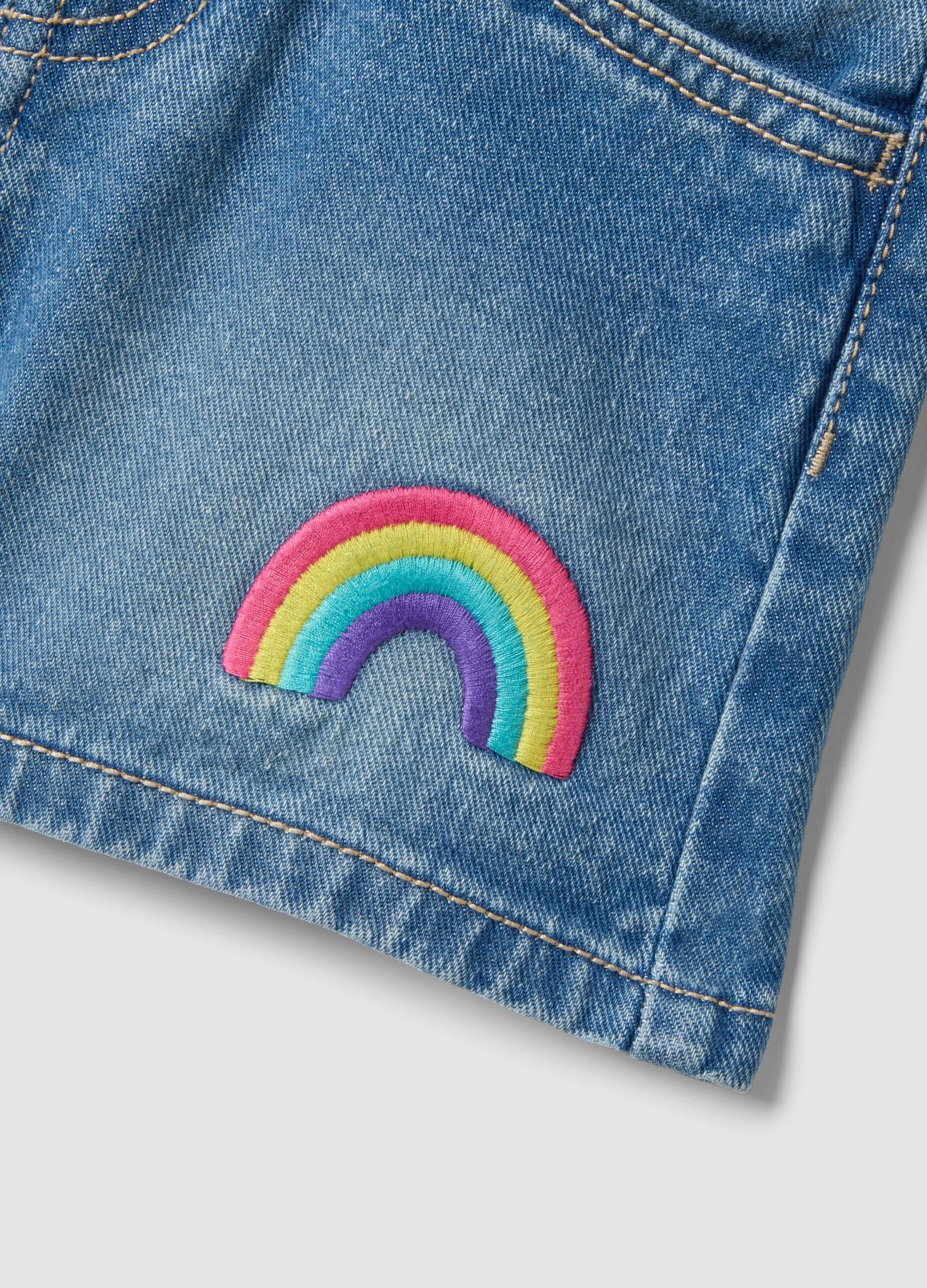 Blue pure cotton girls&rsquo; denim shorts, wide leg with embroidery