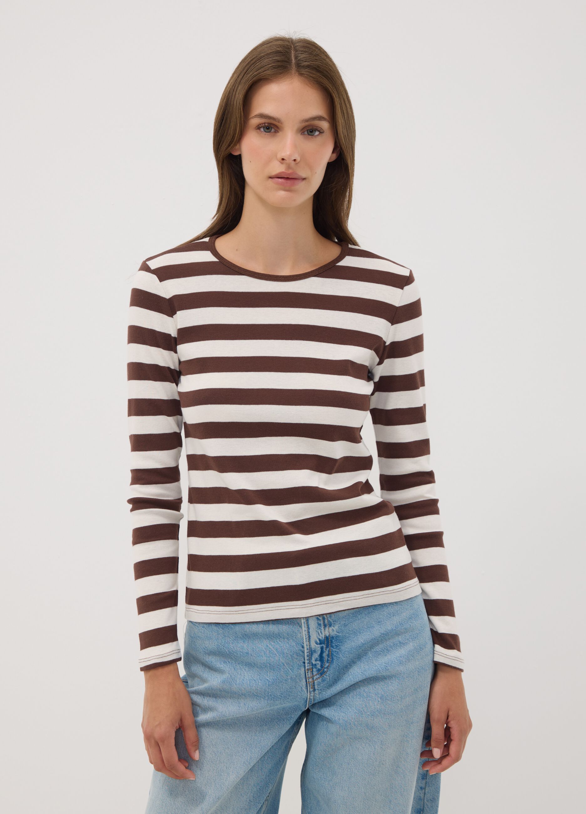 White striped pure cotton crew-neck T-shirt