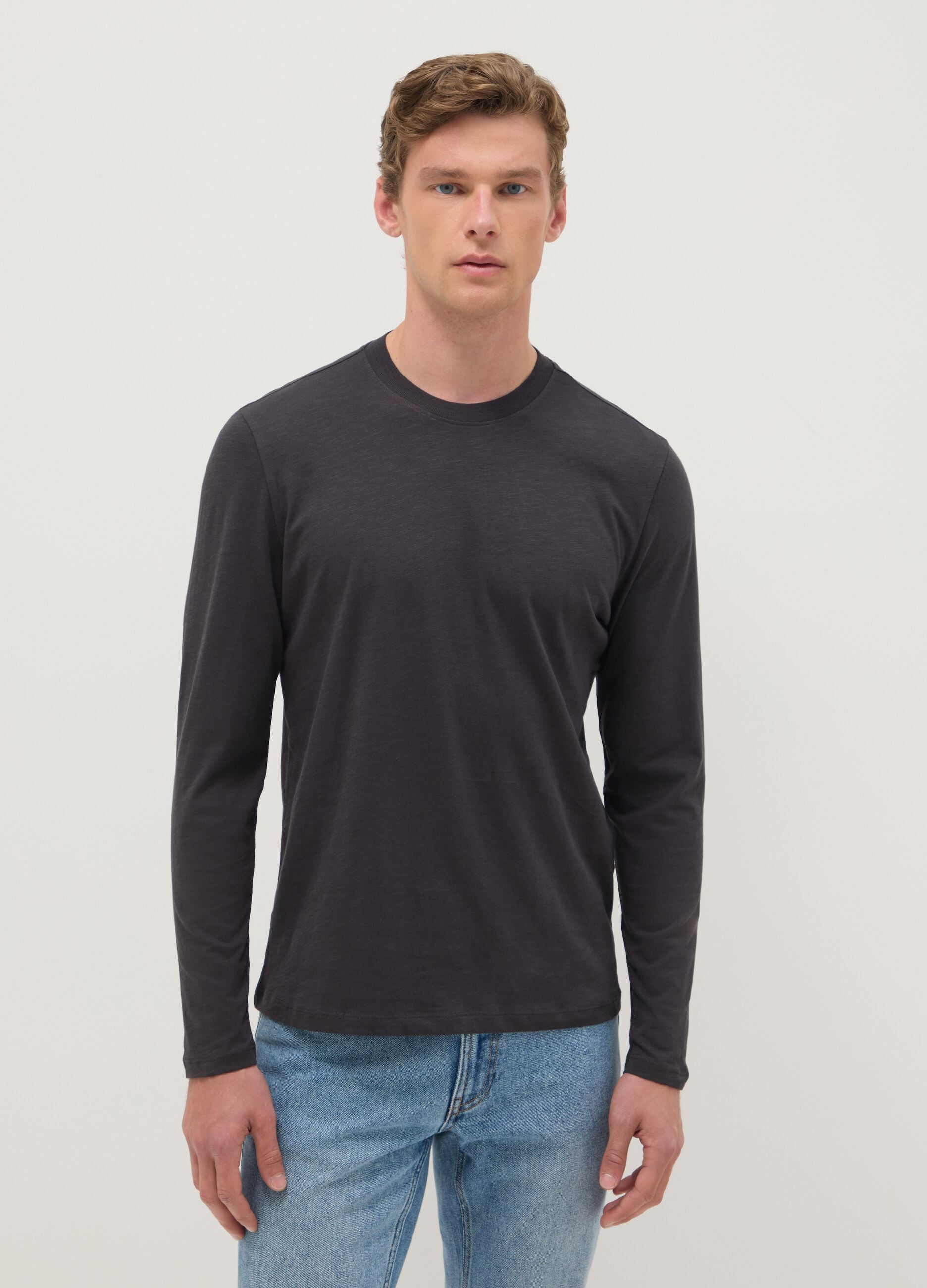 Grey long-sleeve pure cotton regular fit T-shirt