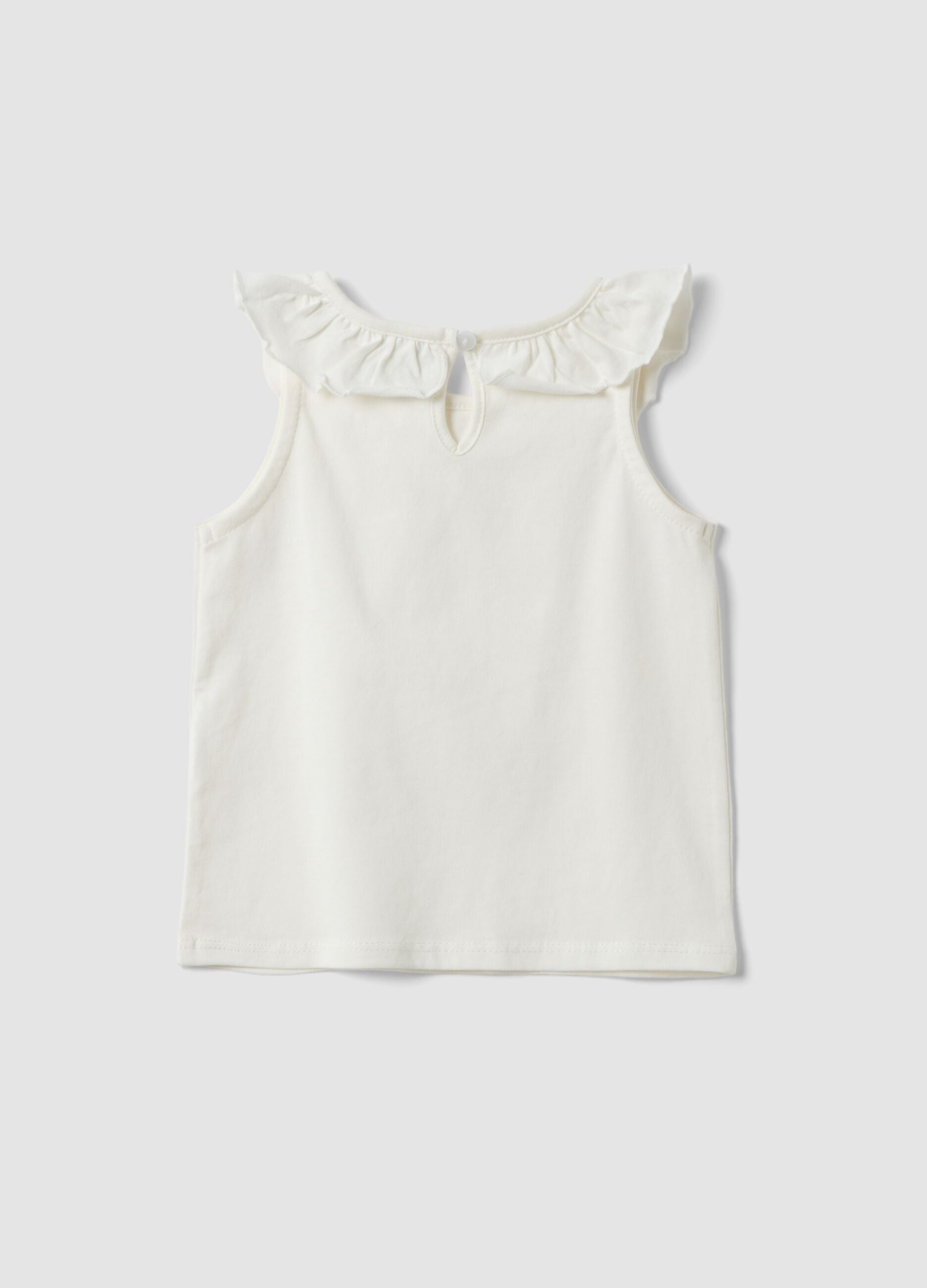 White organic cotton tank top with ruffle trim