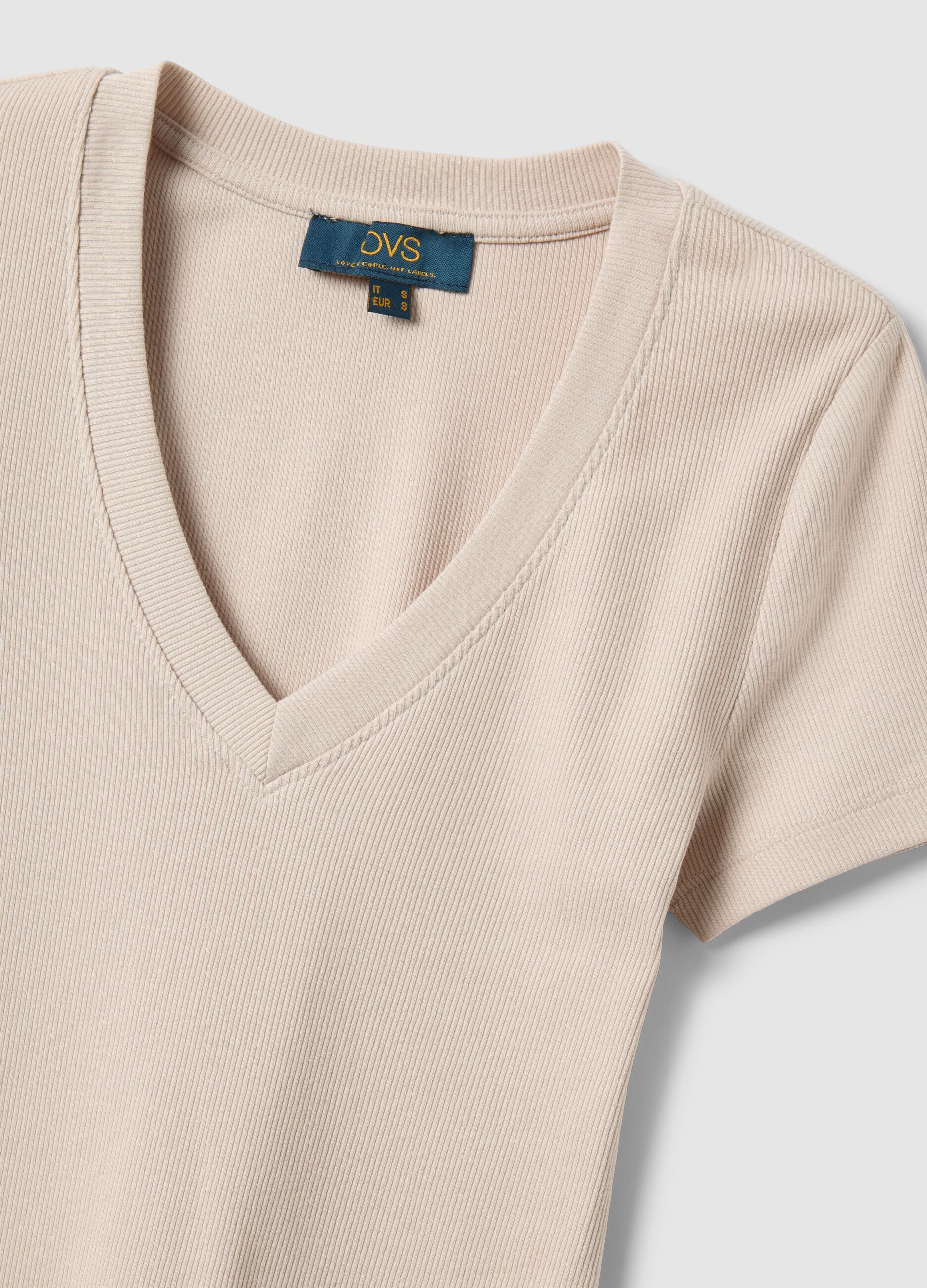 Beige Stretch Cotton Regular Fit T-shirt Deep V