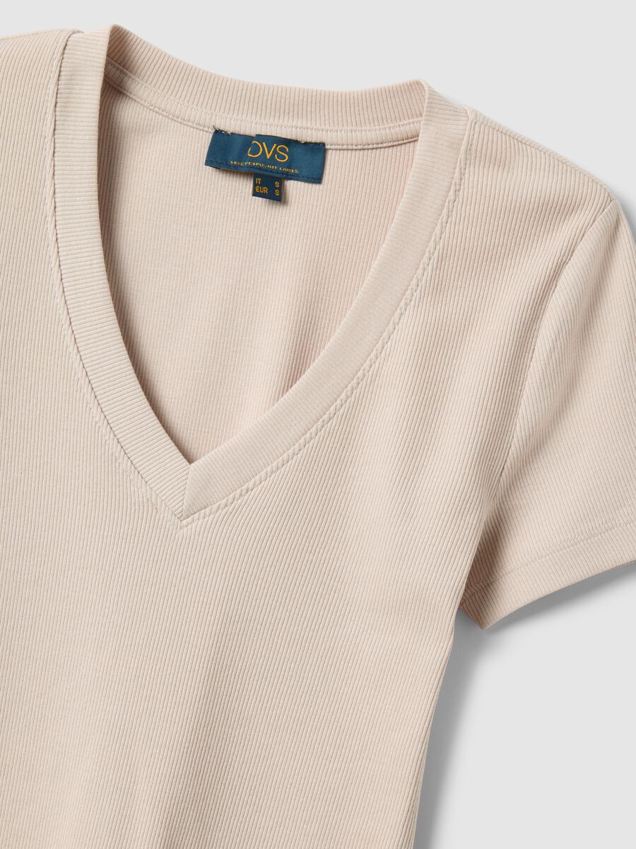 Beige Stretch Cotton Regular Fit T-shirt Deep V_5