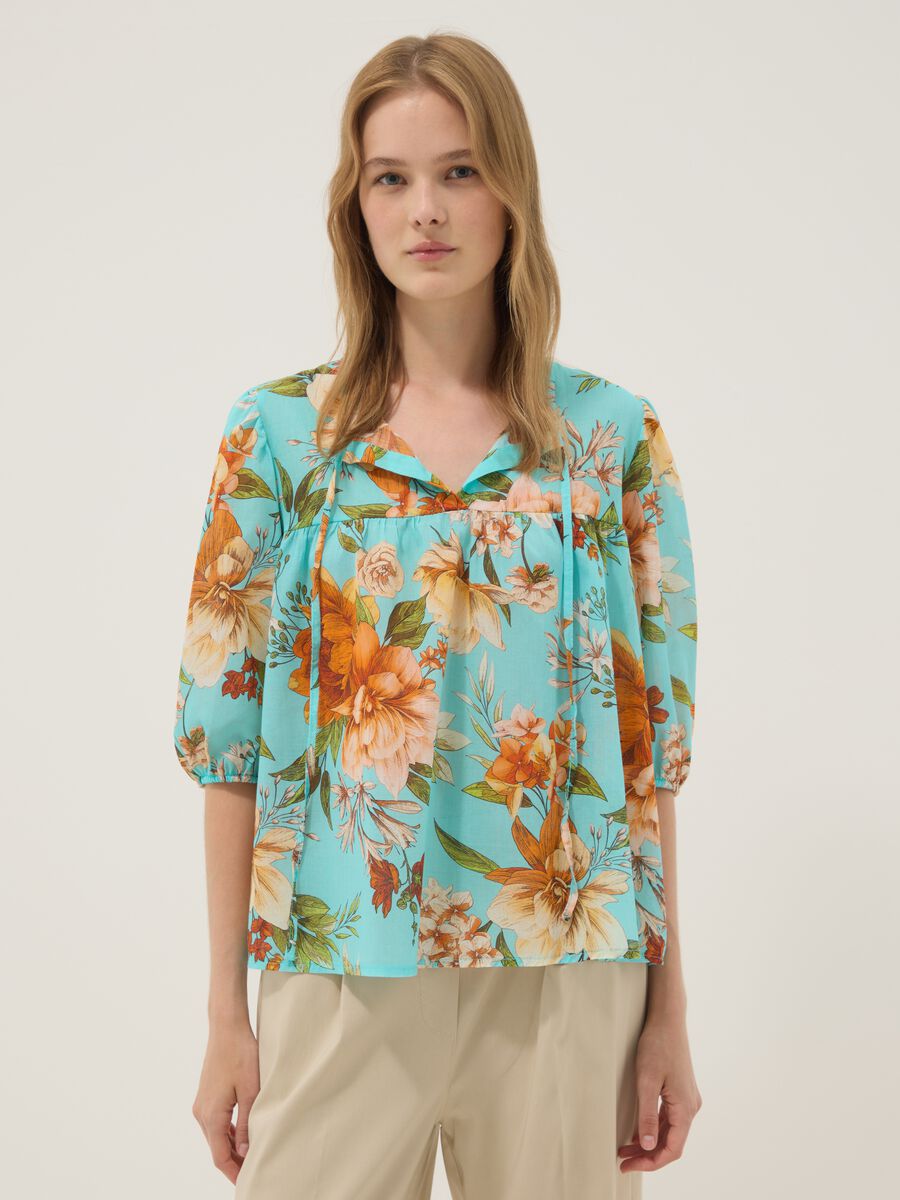 Blue pure cotton blouse with floral print_1