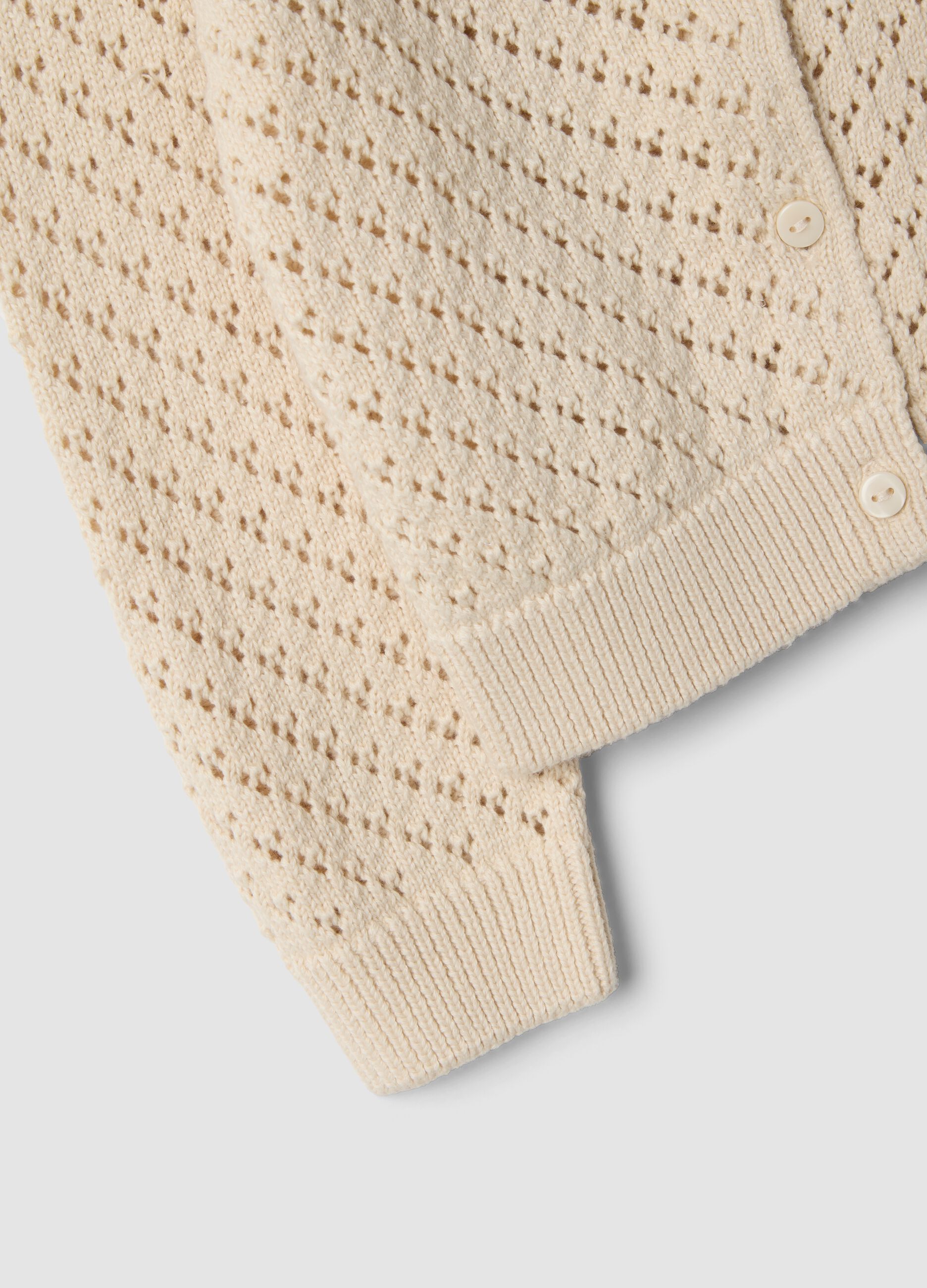 Girl's regular fit perforated cardigan in pure beige cotton