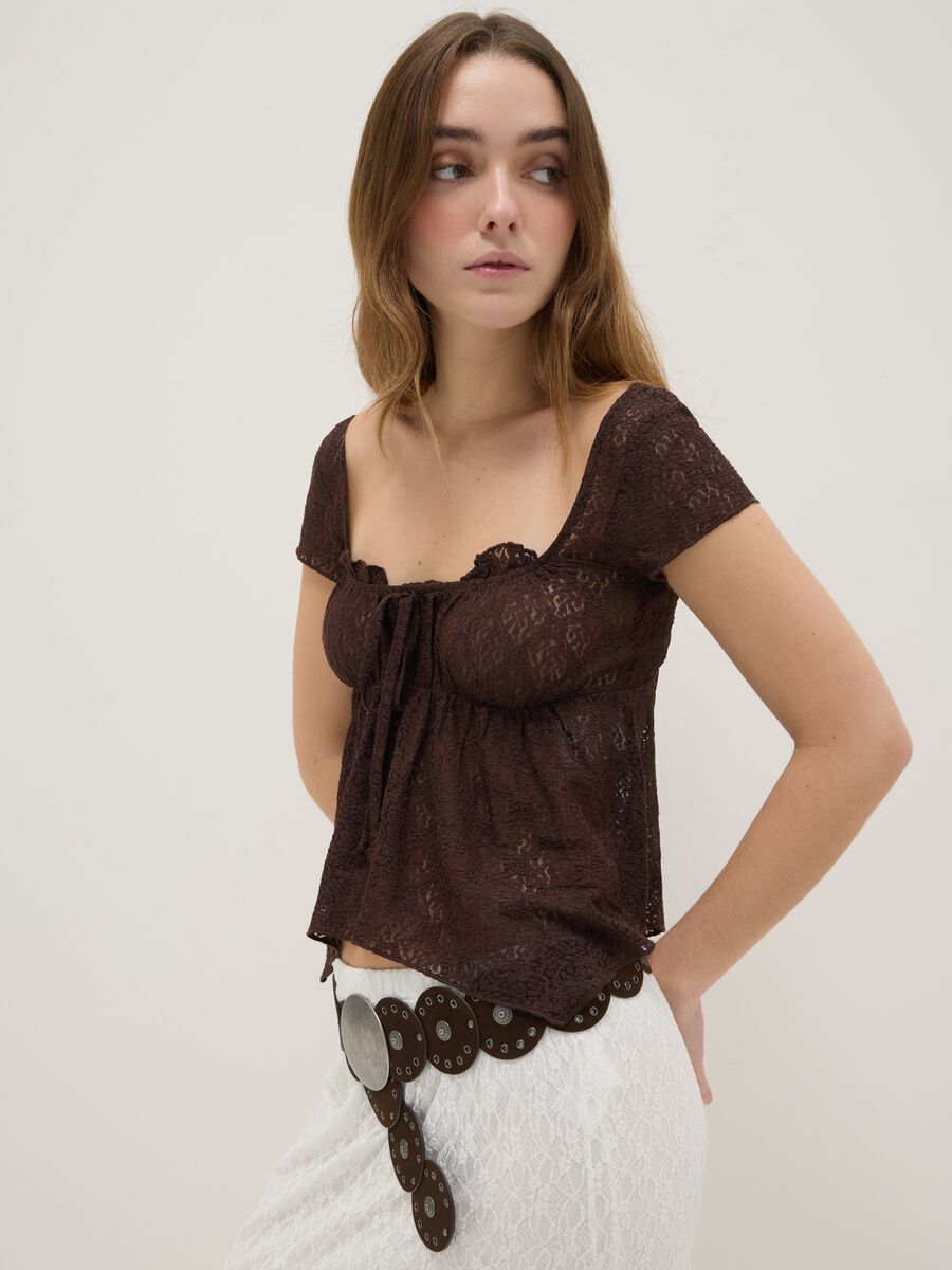 Brown lace regular fit t-shirt with bow_0