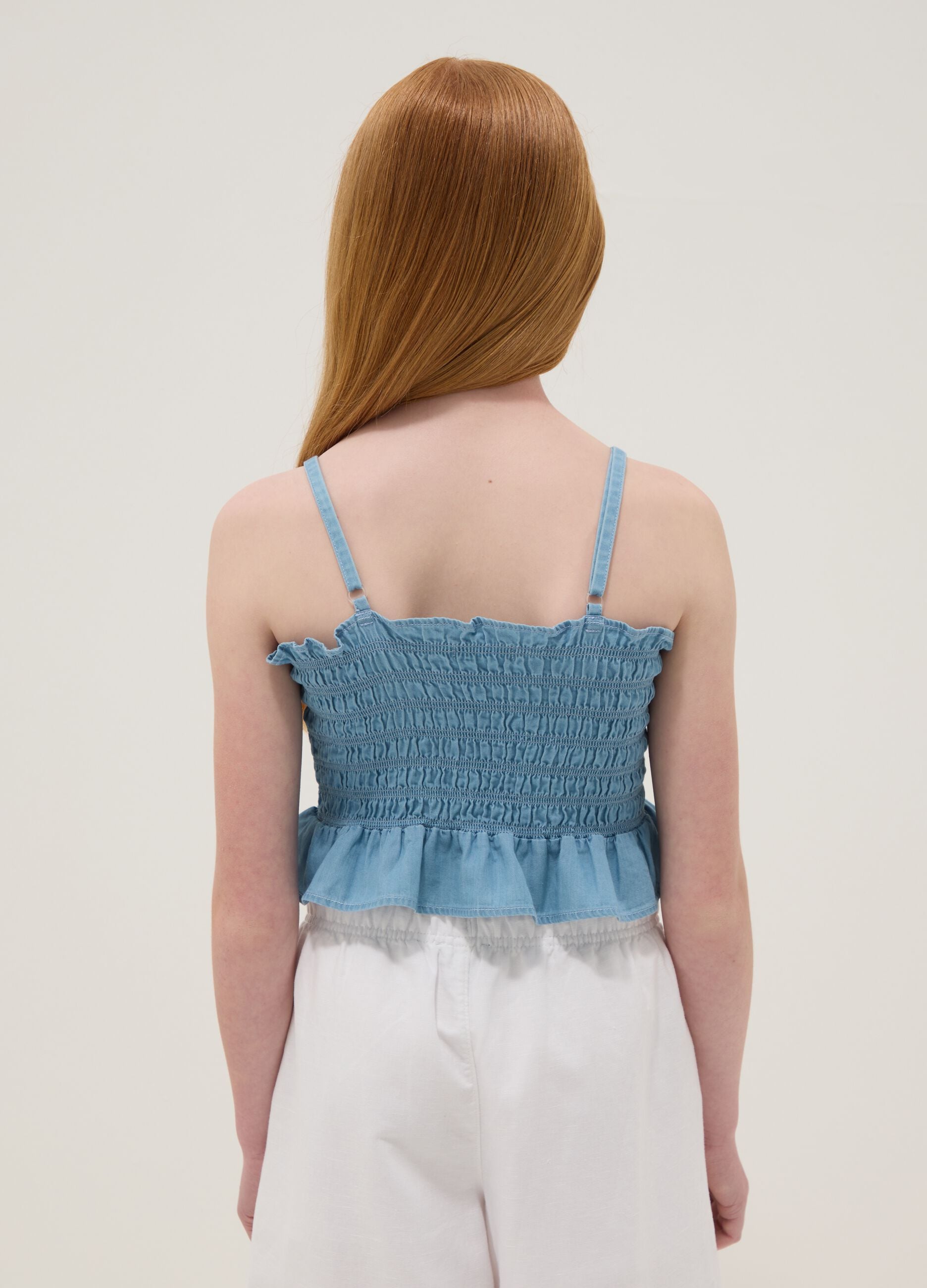 Sky-blue pure cotton top with ruching