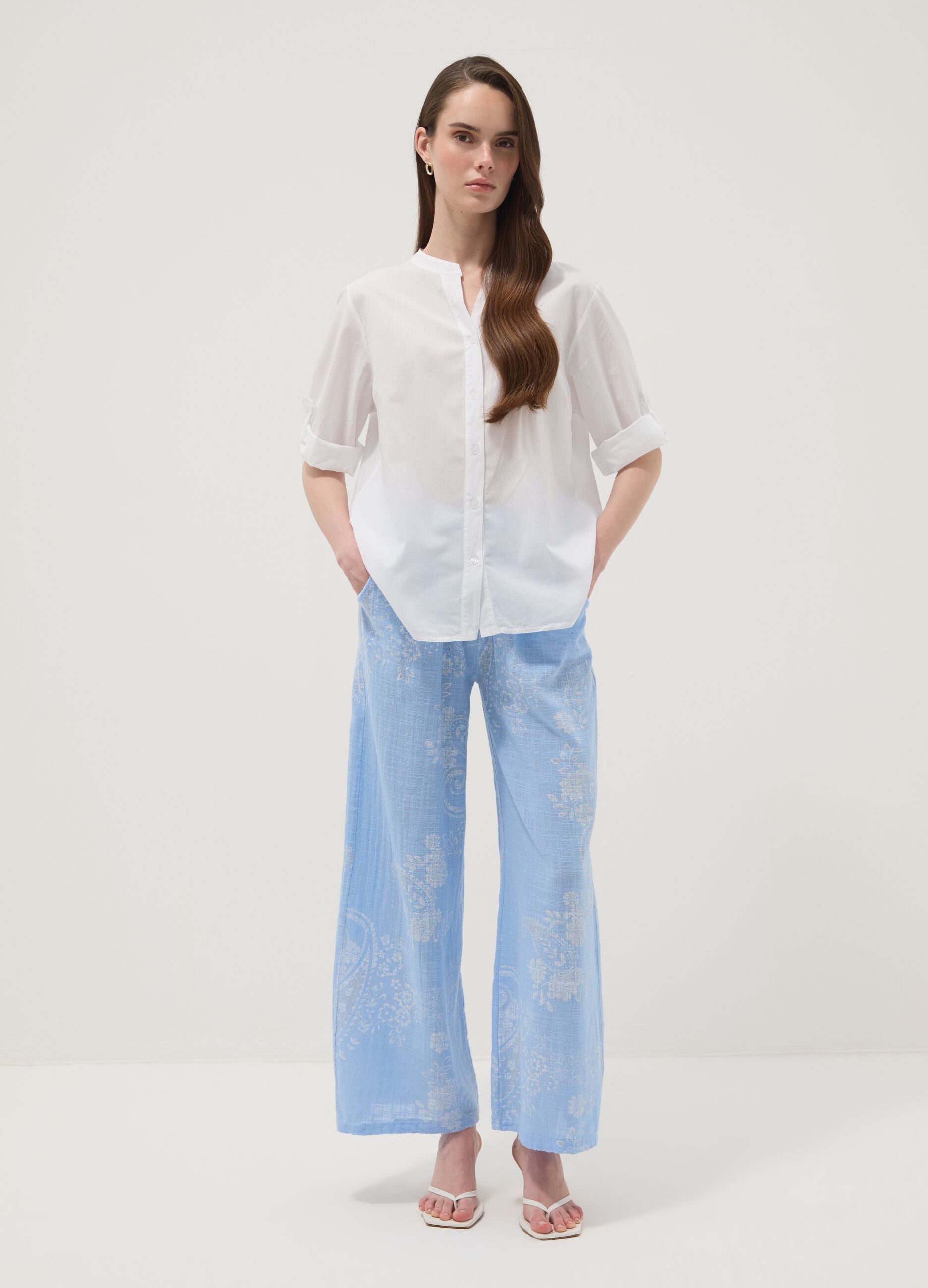 White pure cotton shirt with broderie anglaise embroidery, regular fit