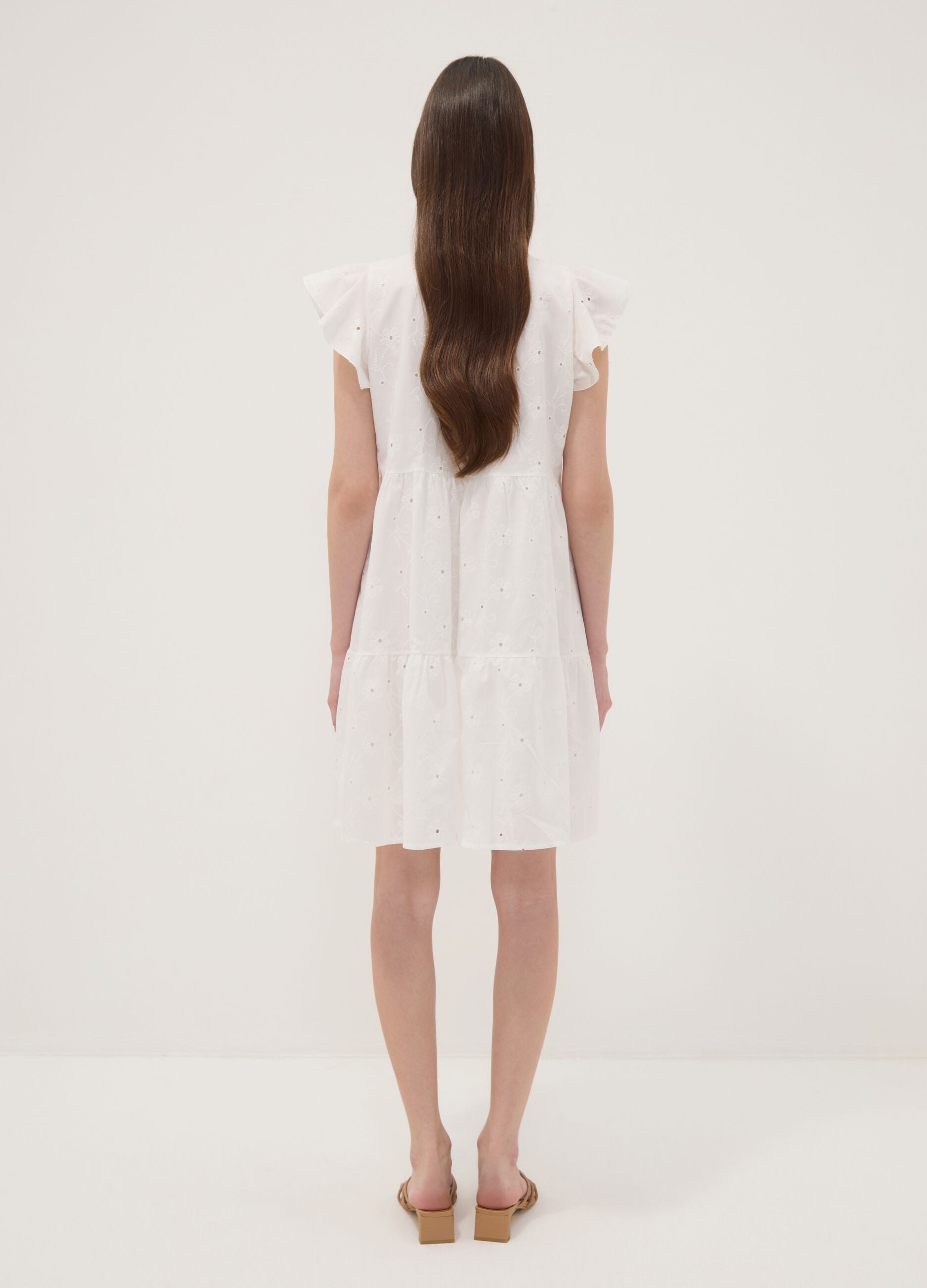 White pure cotton dress with broderie floral embroidery and V-neck