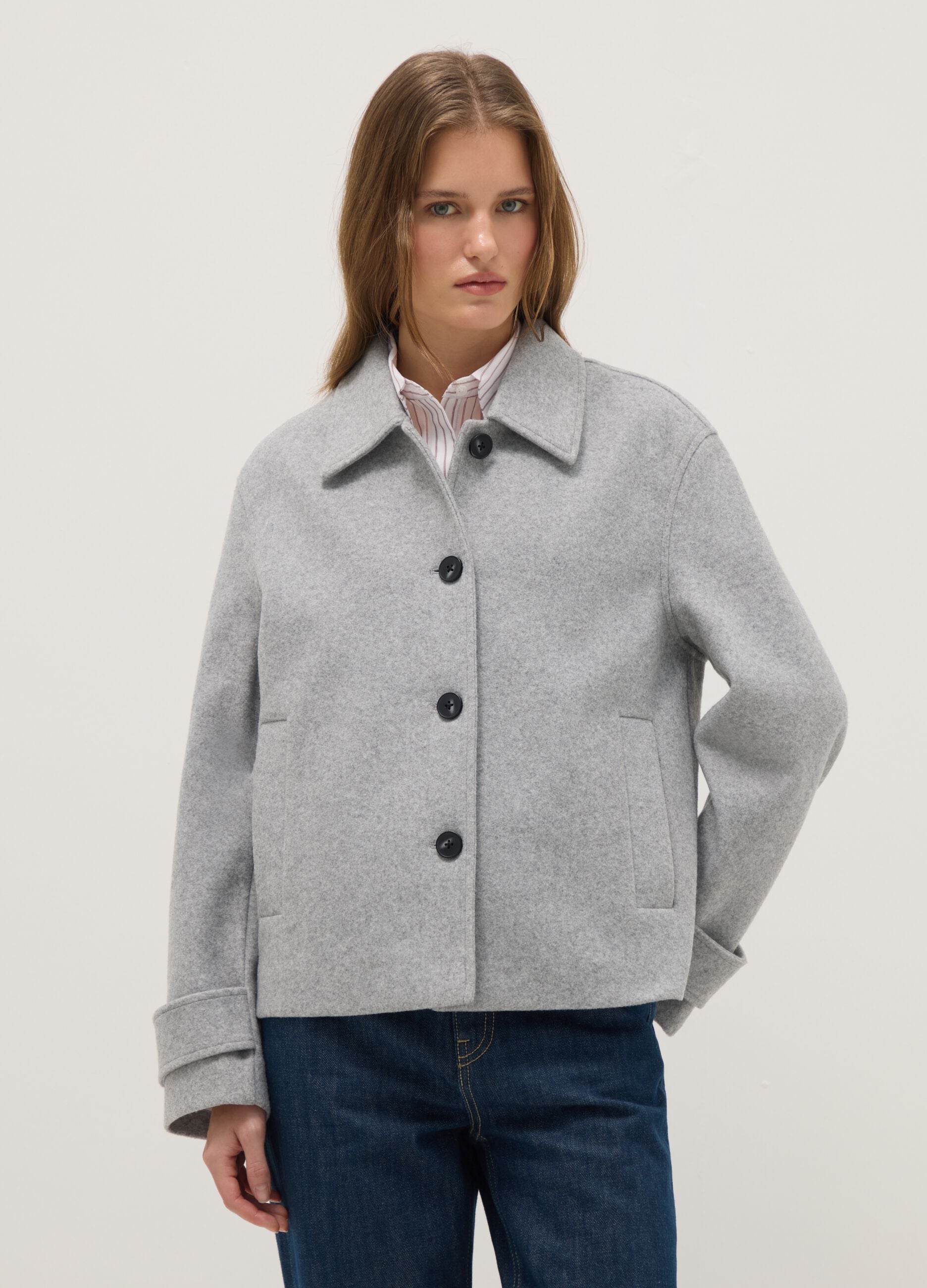 Grey regular fit short coat with buttons