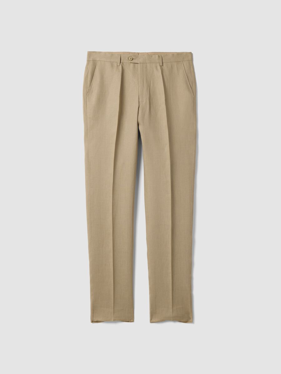 Beige slim-fit pure linen trousers_4