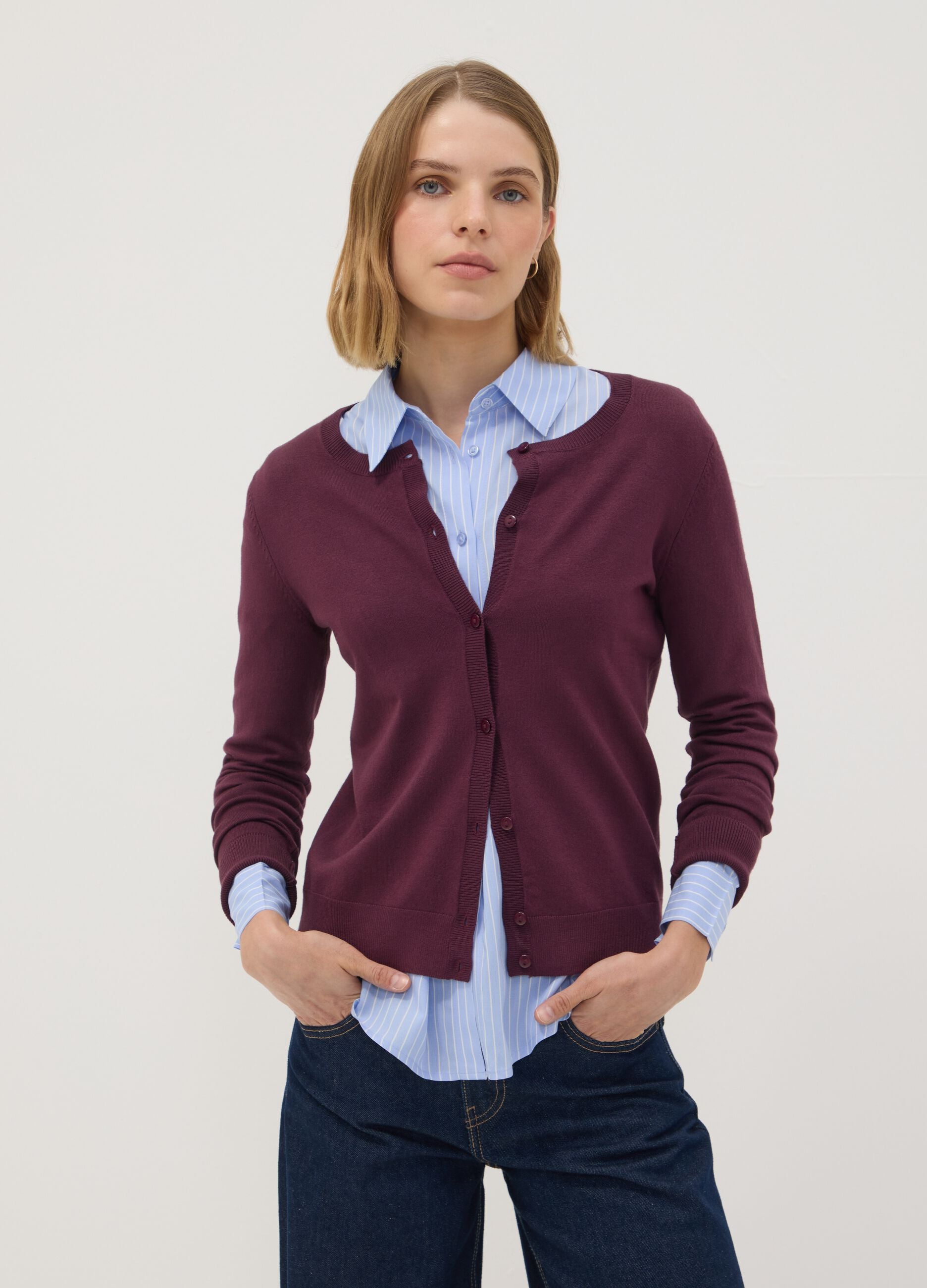 Purple viscose-blend crew-neck cardigan, regular fit
