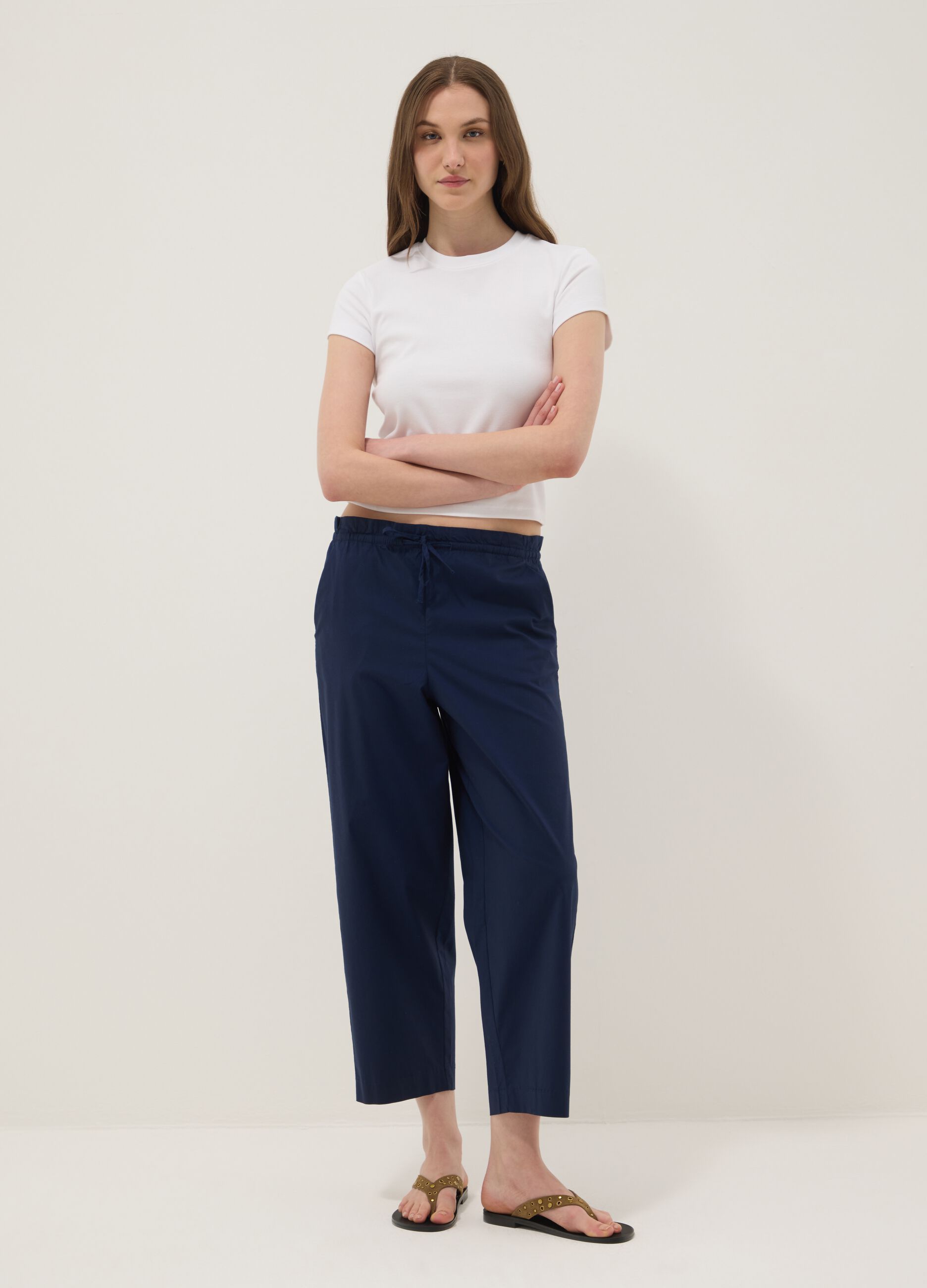 Blue stretch-cotton trousers with elasticated waist