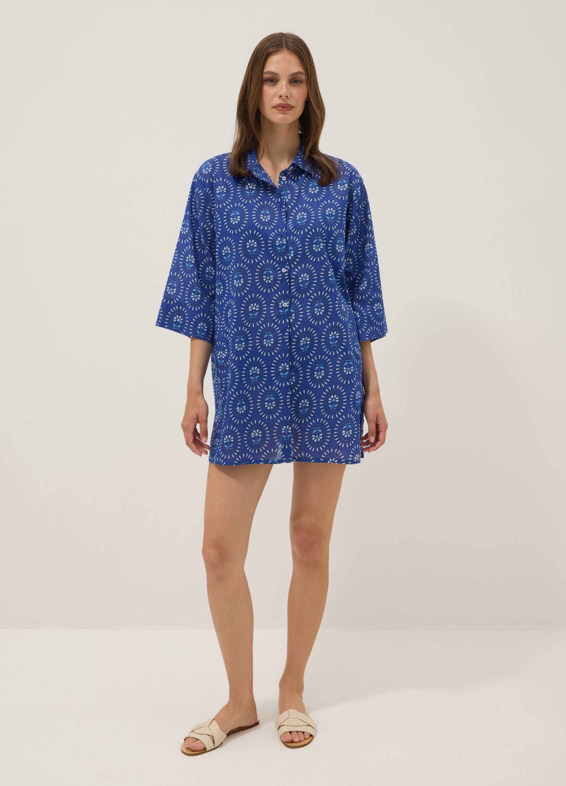 Blue pure cotton patterned kaftan