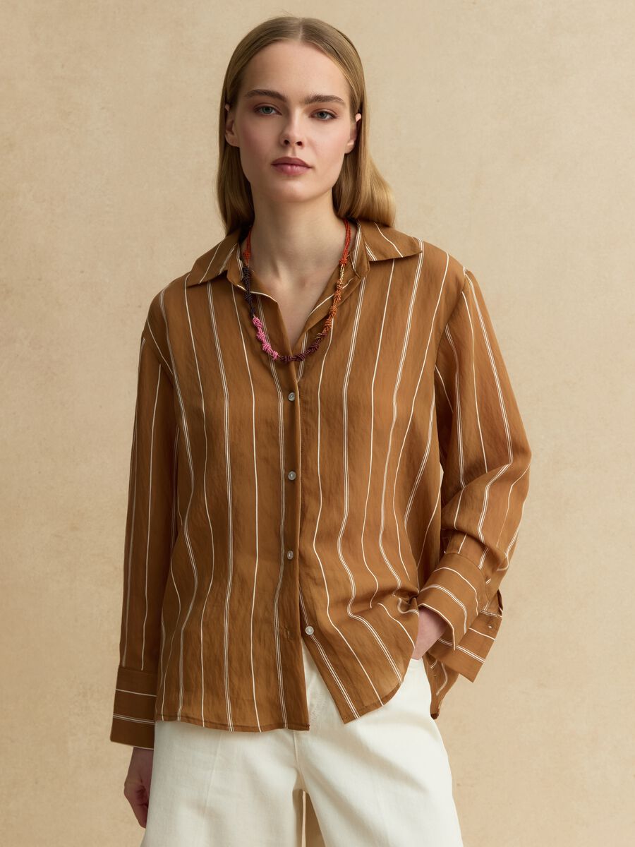 Multicoloured striped regular fit lyocell blend shirt_0