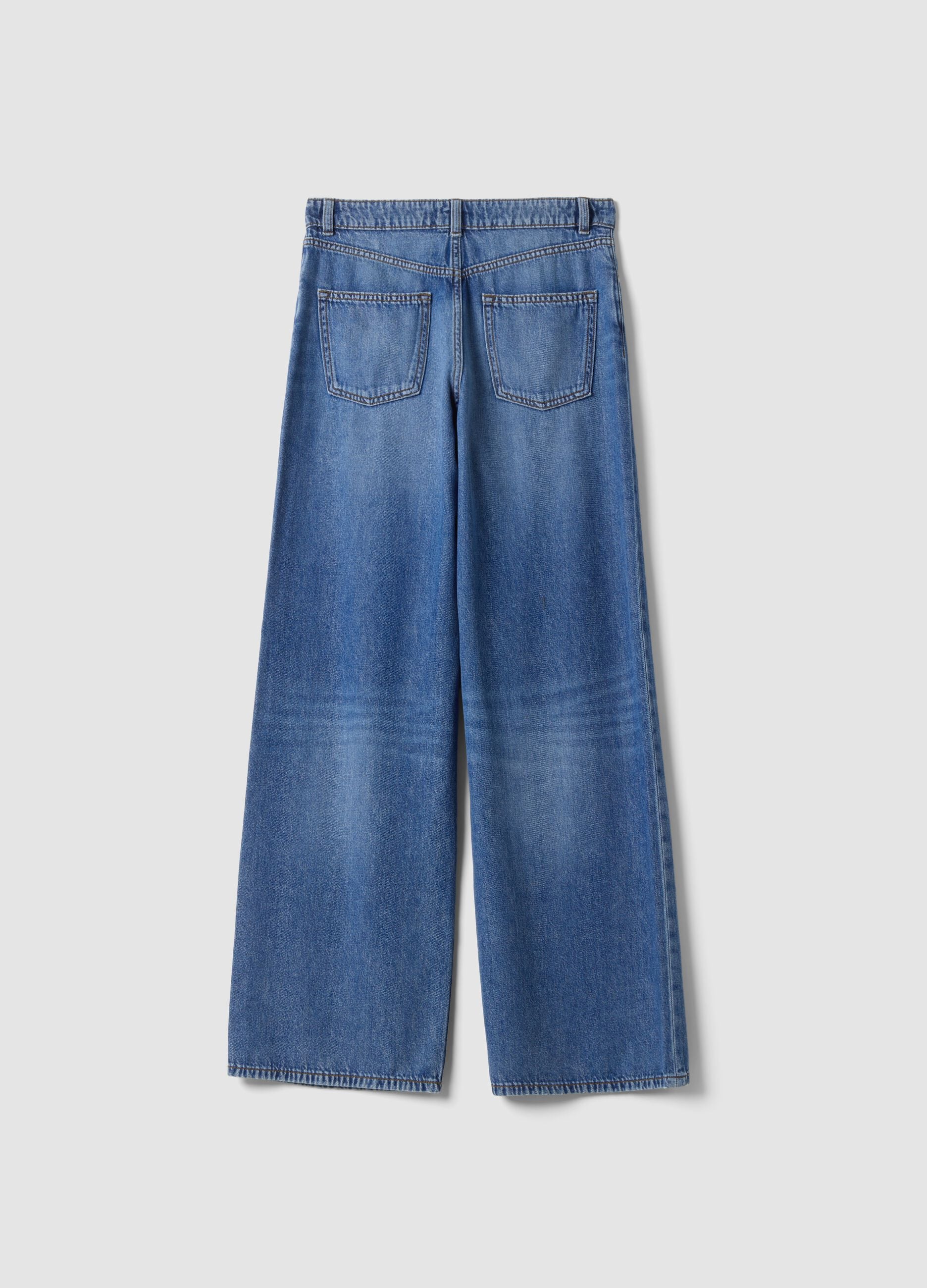 High-waisted wide-leg blue jeans in pure cotton