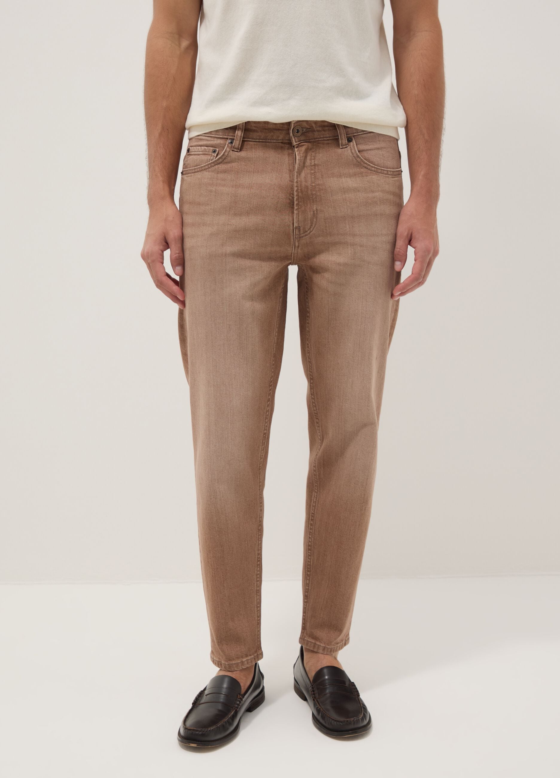 Brown denim jeans in stretch cotton, relaxed fit