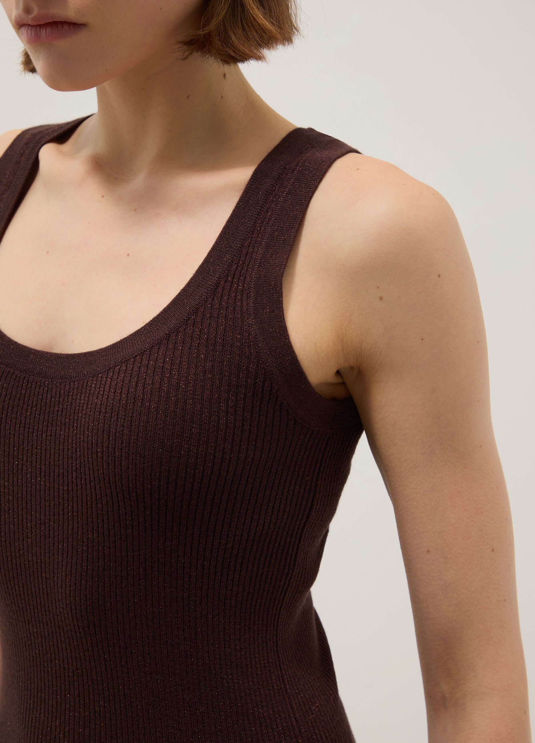 Brown viscose blend fitted tank top