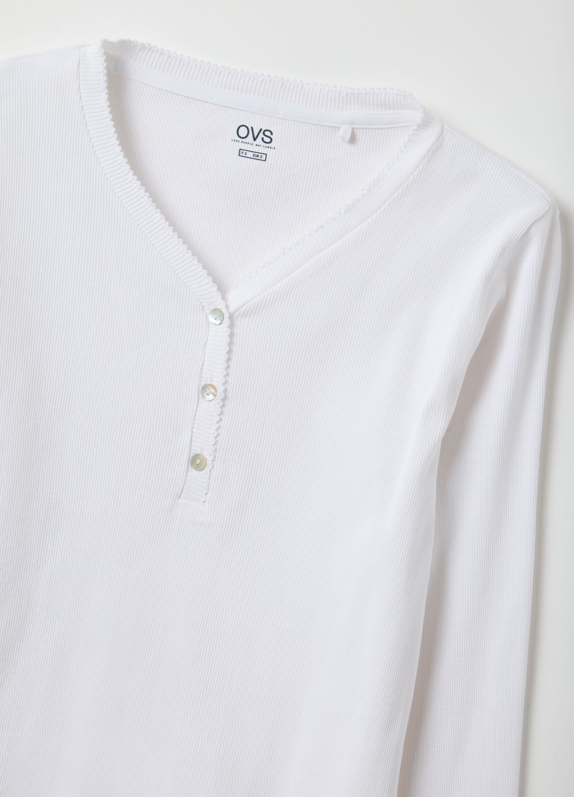 White pure cotton pyjama top, regular fit with henley collar