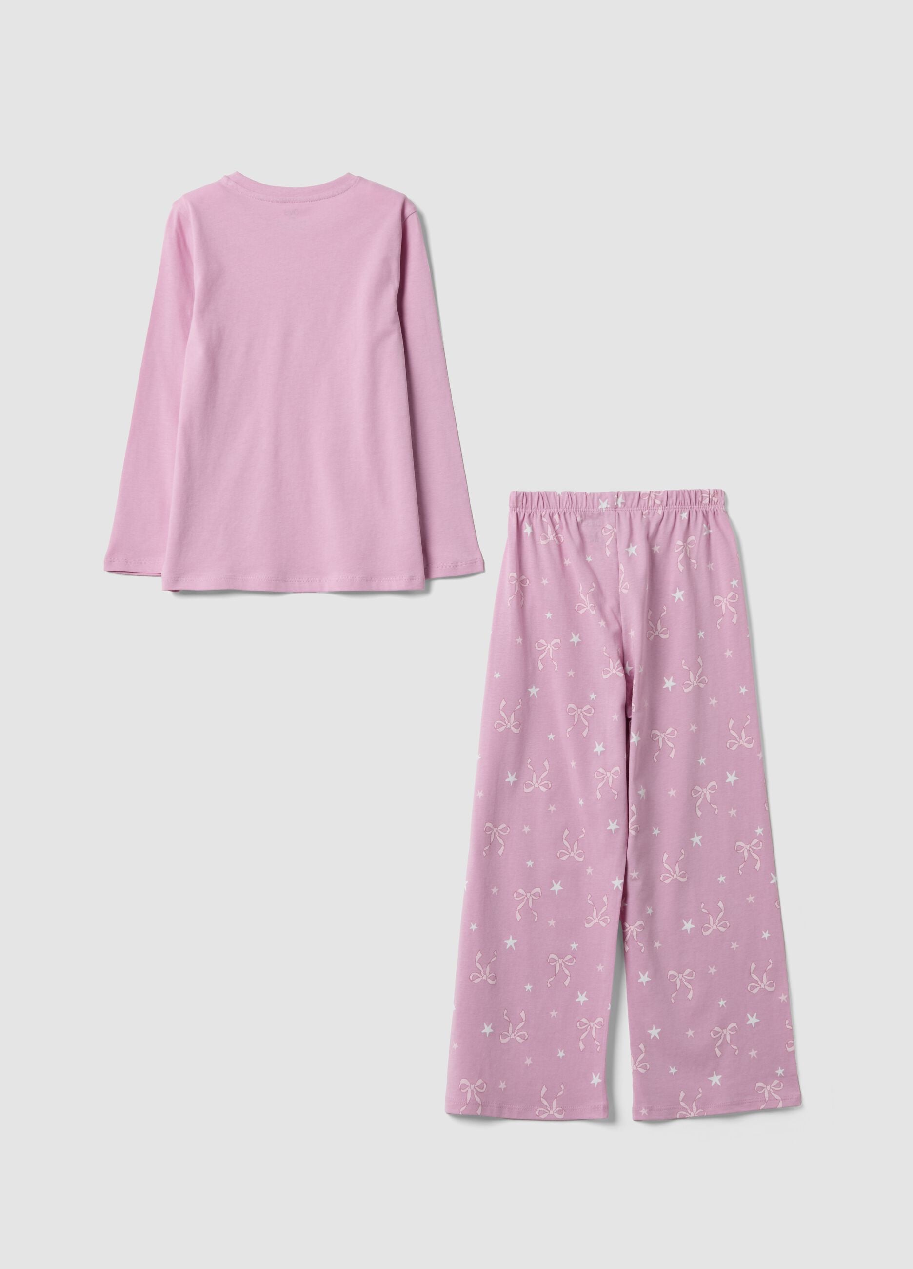 Pink organic cotton jersey pyjamas with bow print