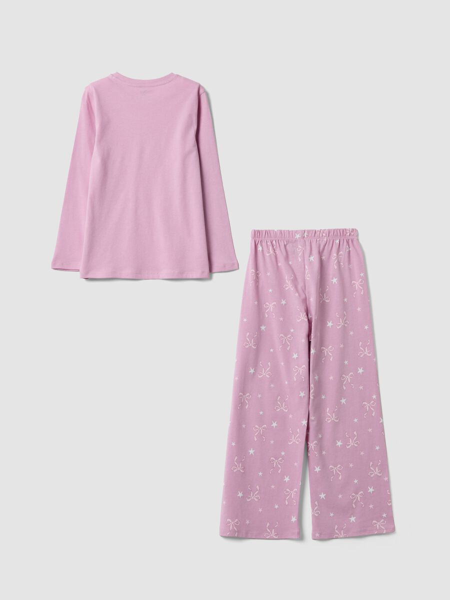 Pink organic cotton jersey pyjamas with bow print_1