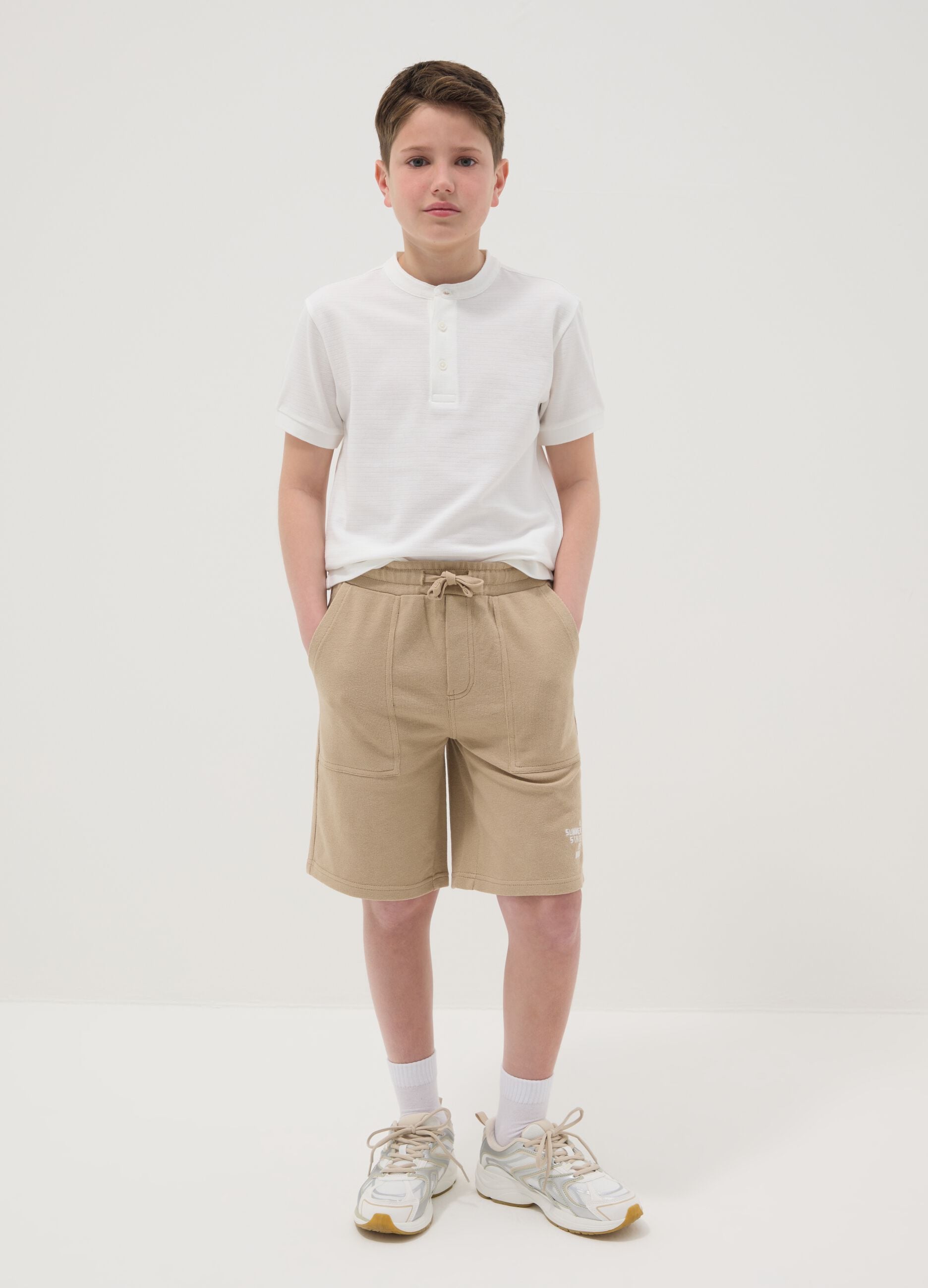 Pantaloncini in puro cotone beige da ragazzo regular fit