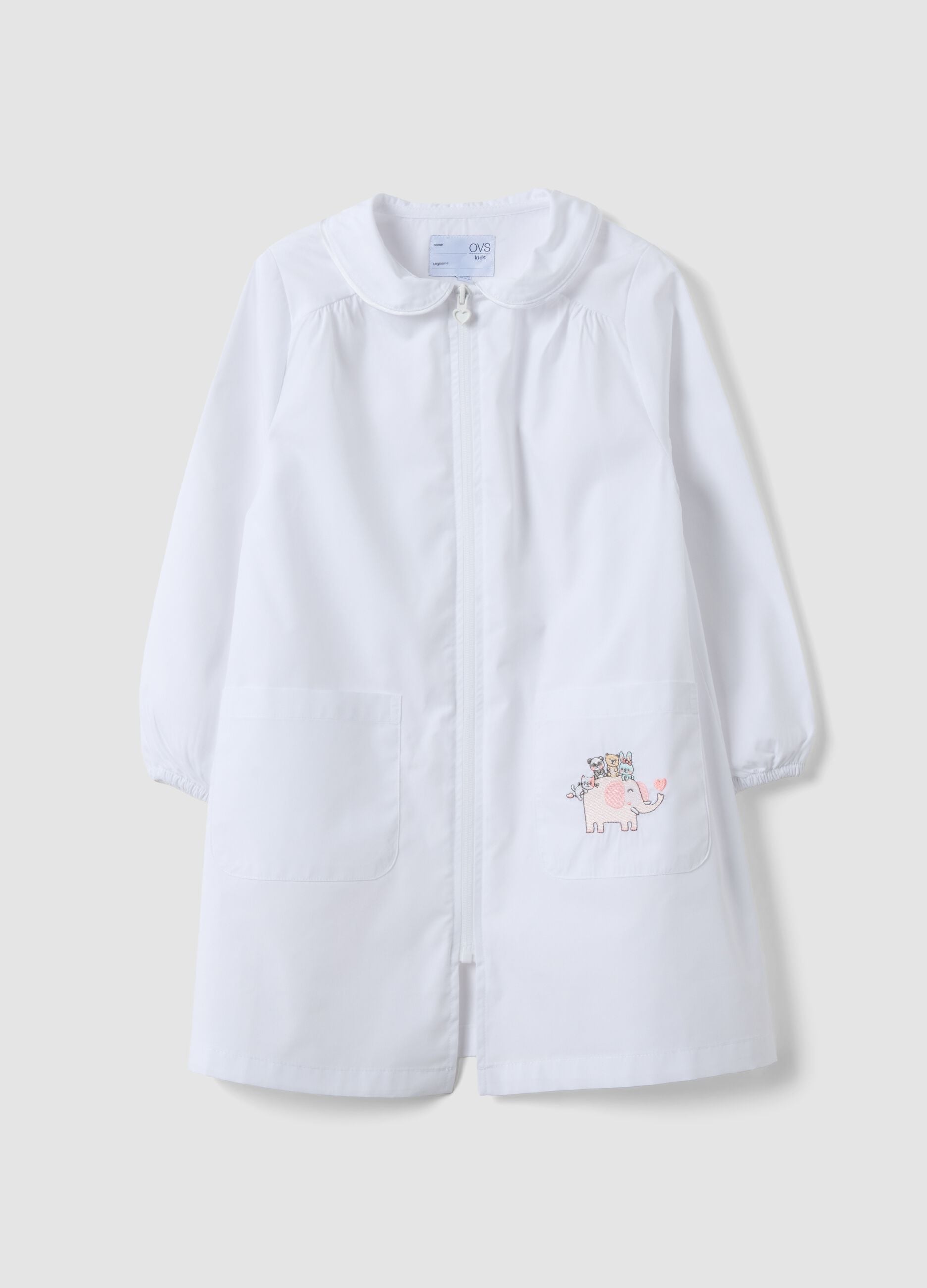 Customisable white nursery apron with embroidered animals