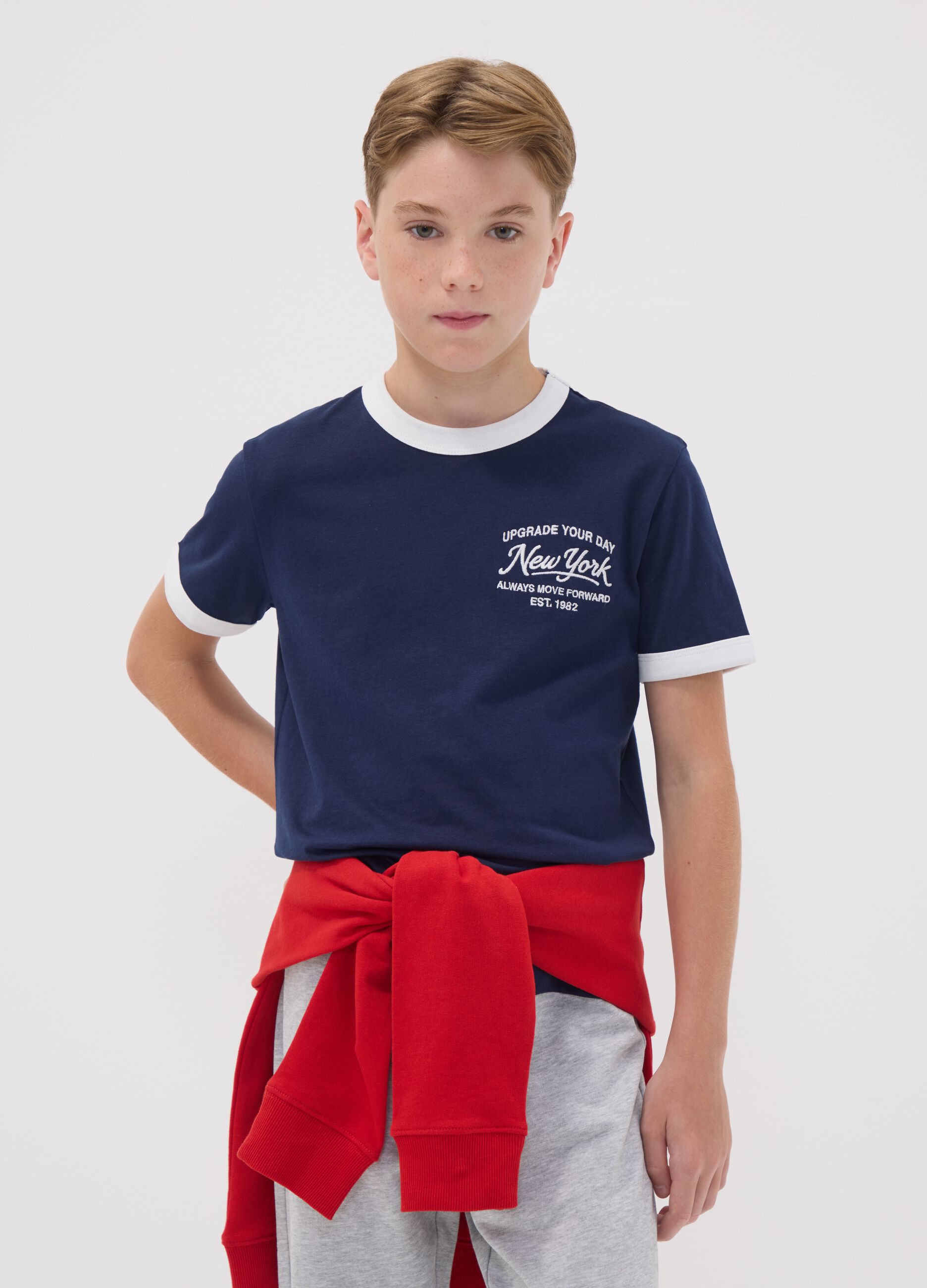 Blue organic cotton T-shirt with print, relaxed fit for boys