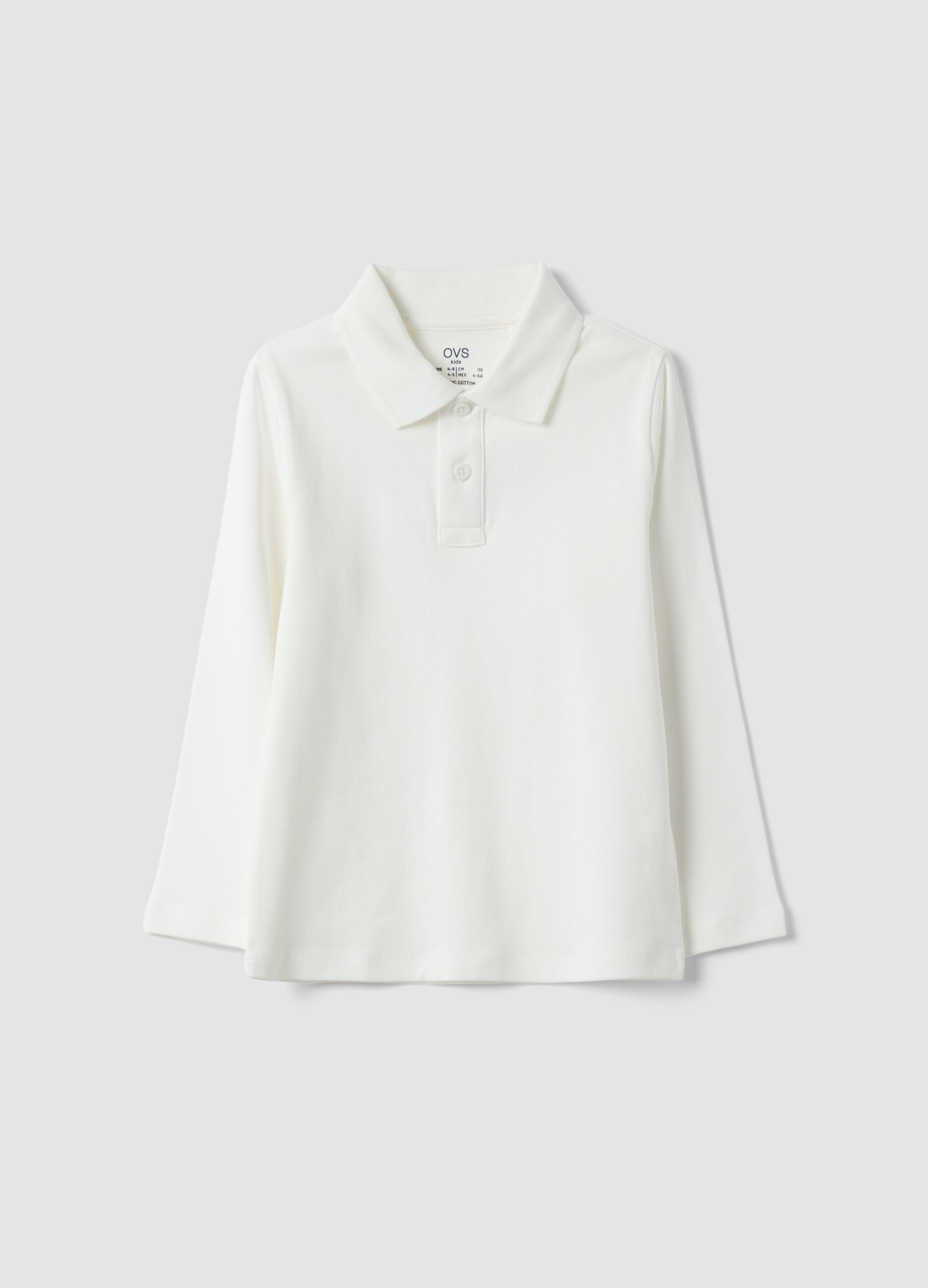 White long-sleeved polo shirt in pure organic cotton
