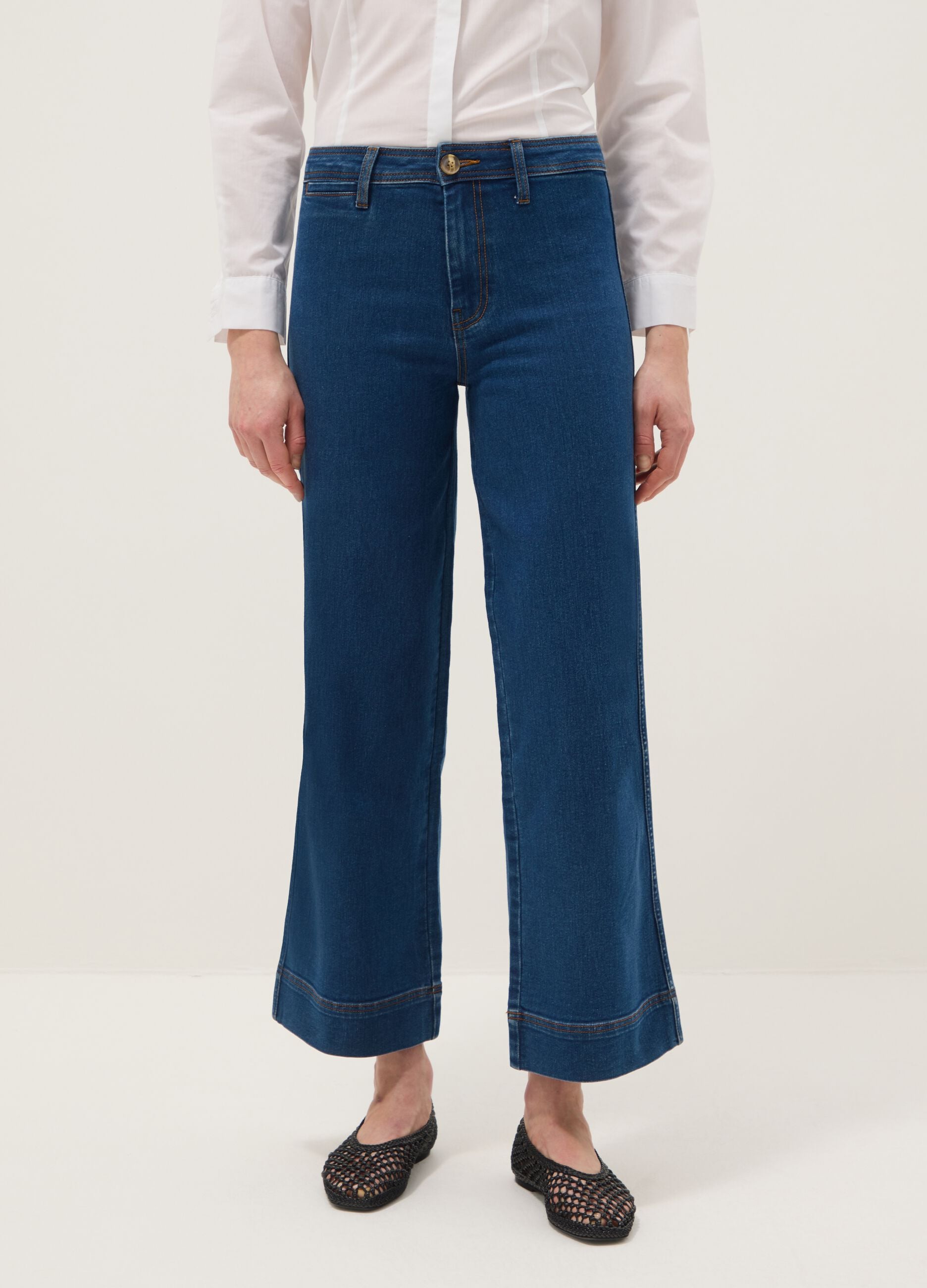 Wide leg stretch cotton blue jeans