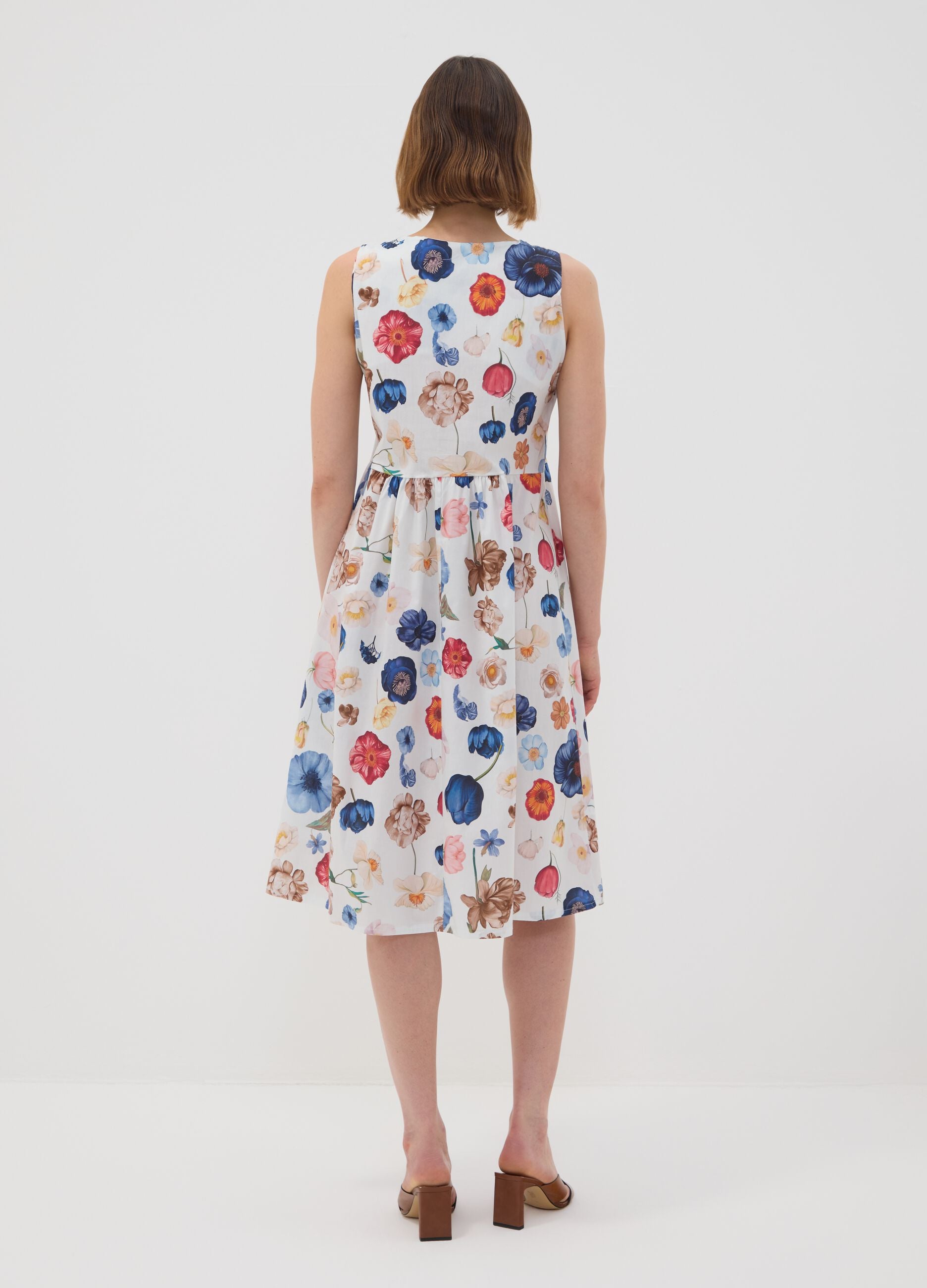 White sleeveless floral stretch-cotton dress, regular fit