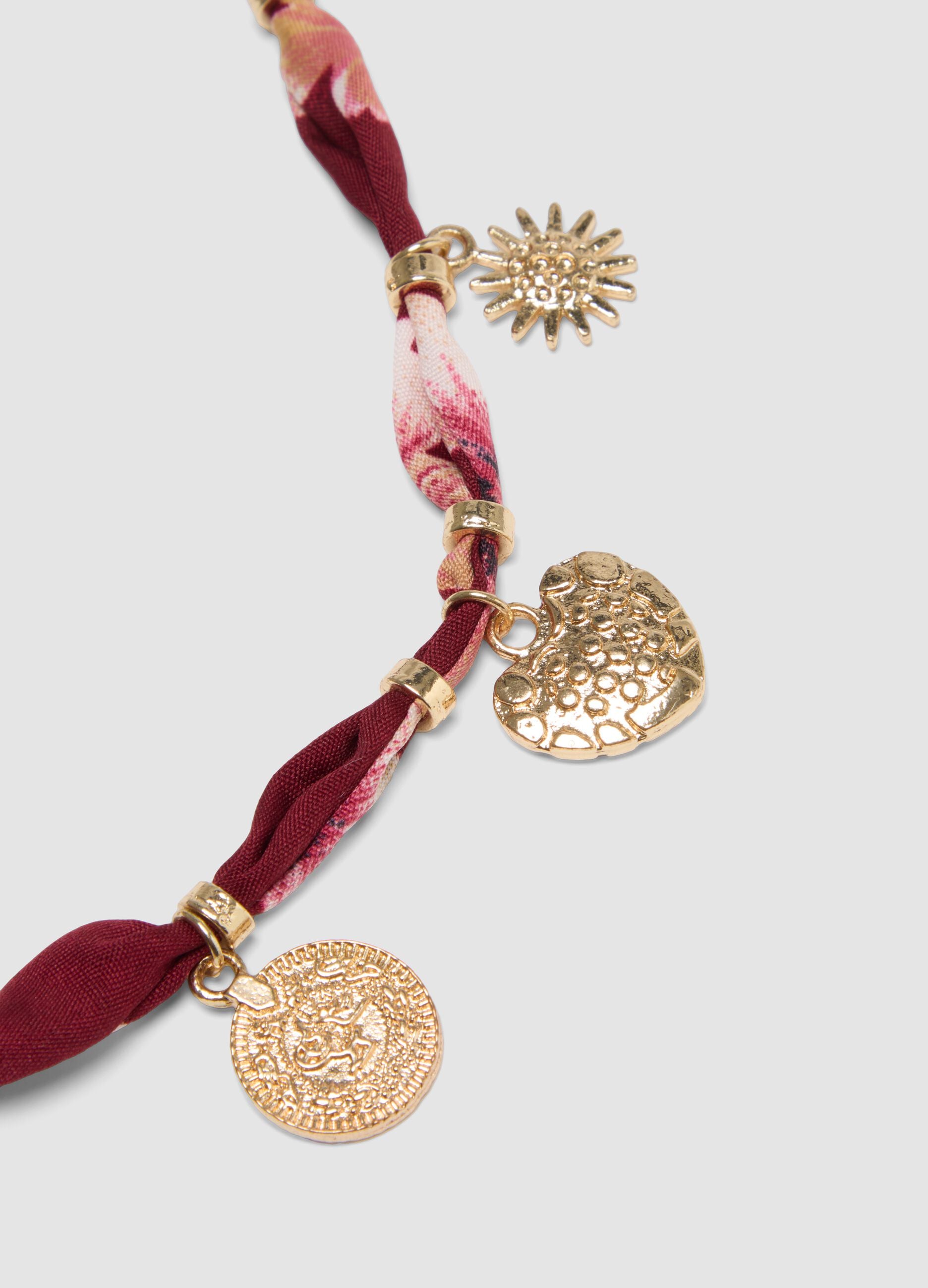 Red floral-print necklace with gold-tone charms