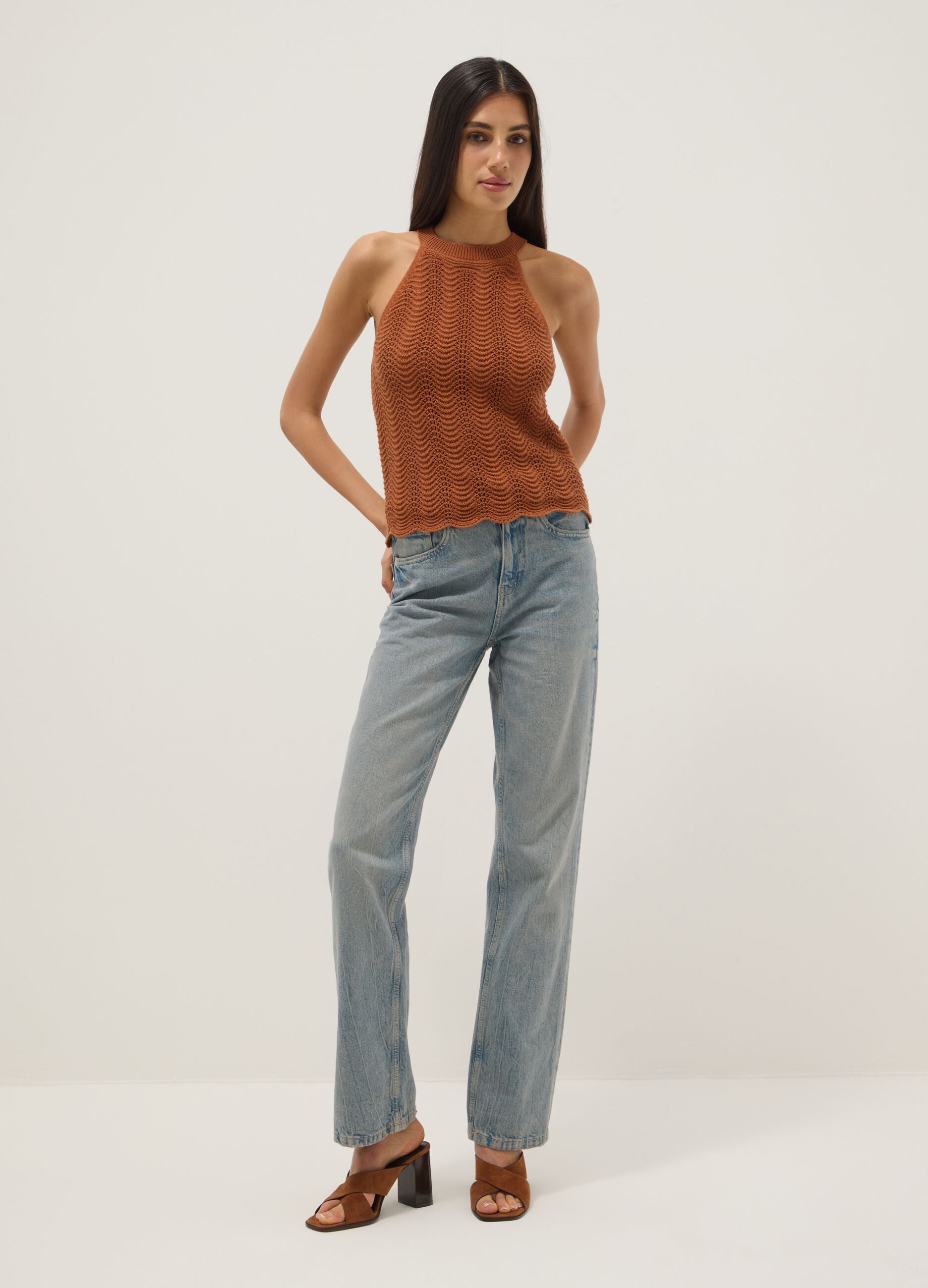 Regular fit orange pure cotton tank top with mesh texture