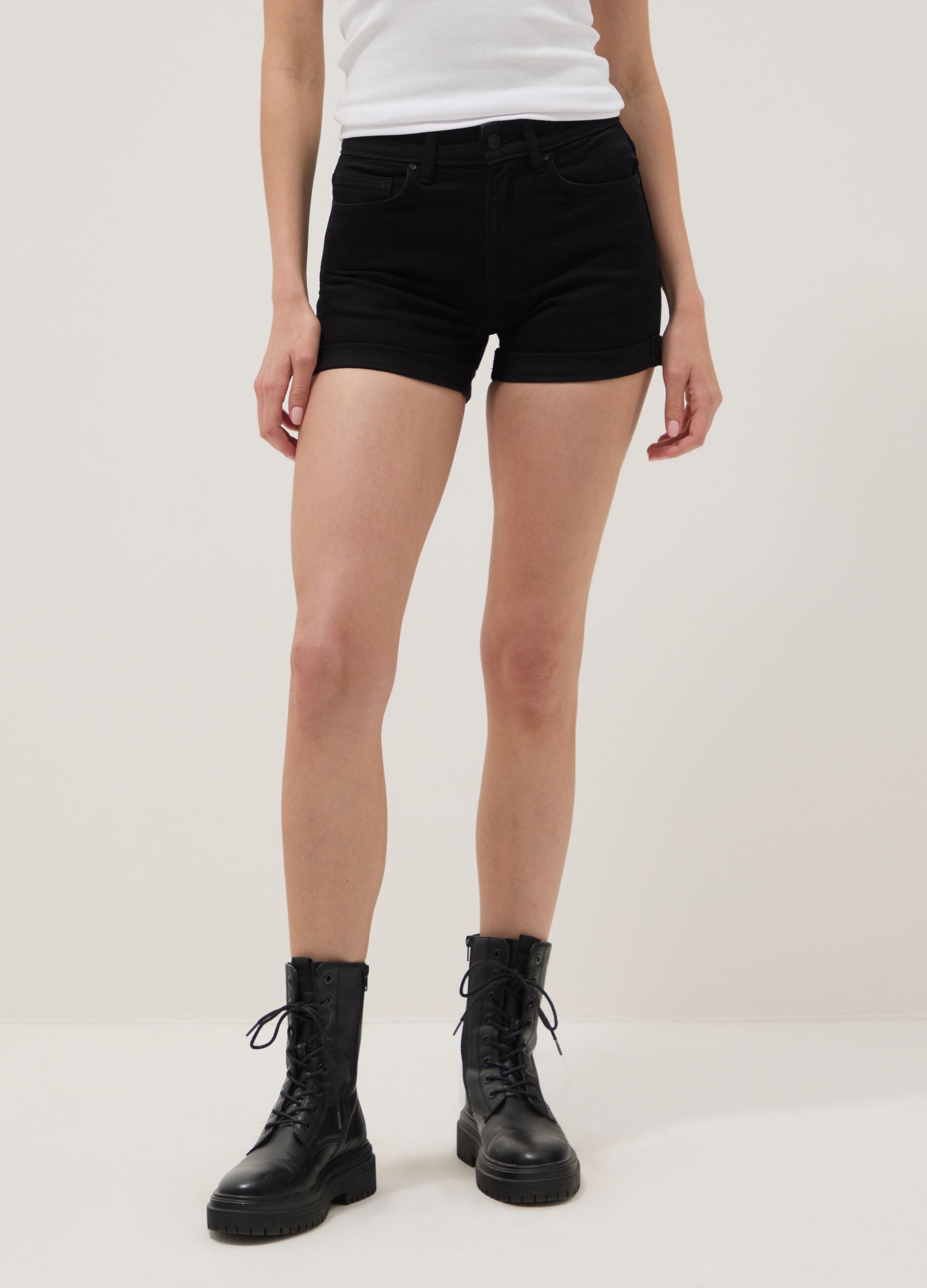 Black stretch cotton denim shorts