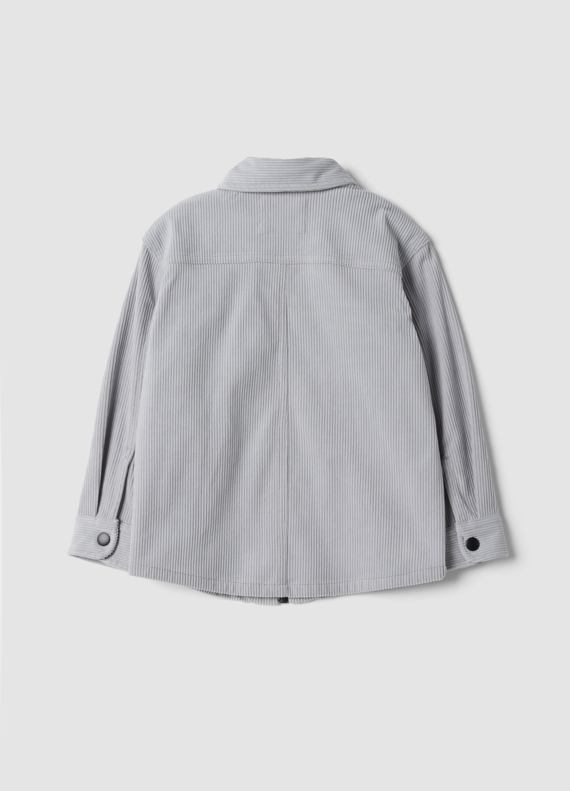 Grey ribbed shirt with zip and classic collar, oversized fit