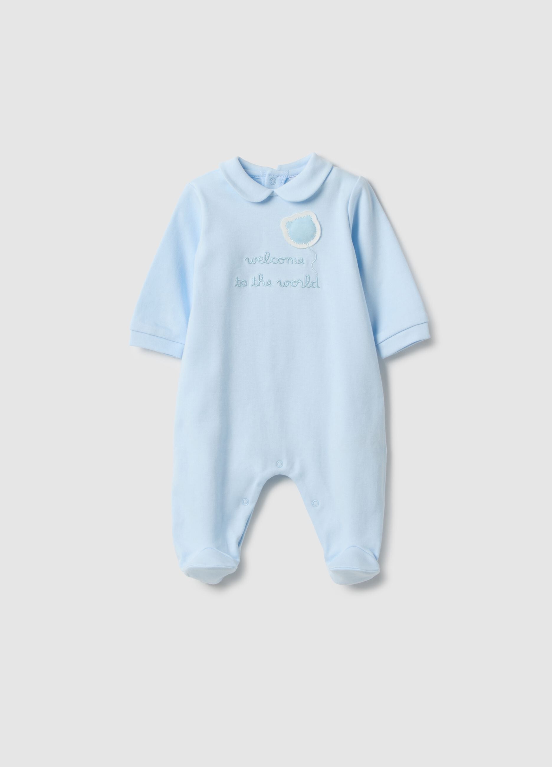 Blue pure cotton baby romper with long sleeves and embroidery