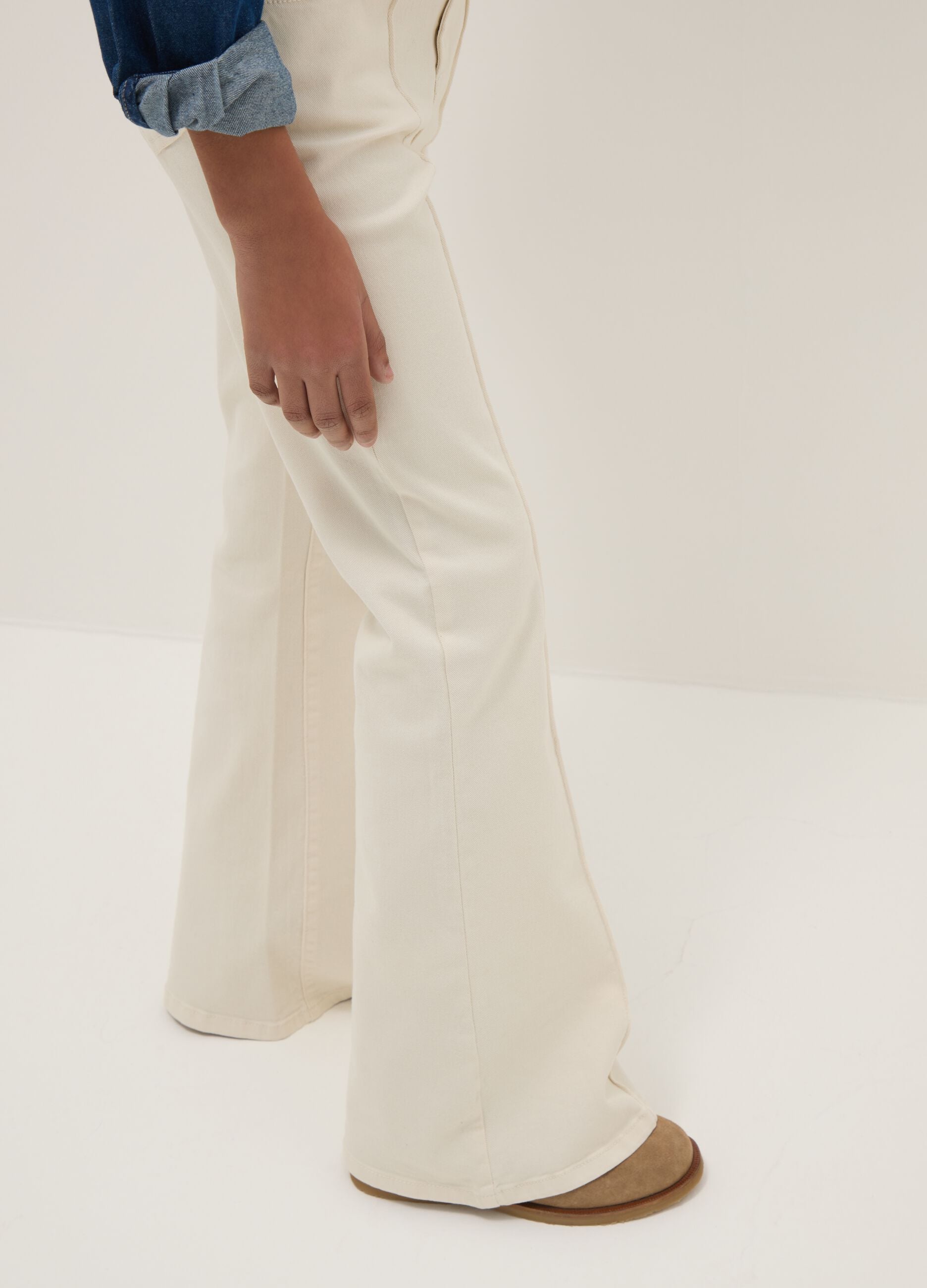 Beige stretch cotton flared trousers for girls