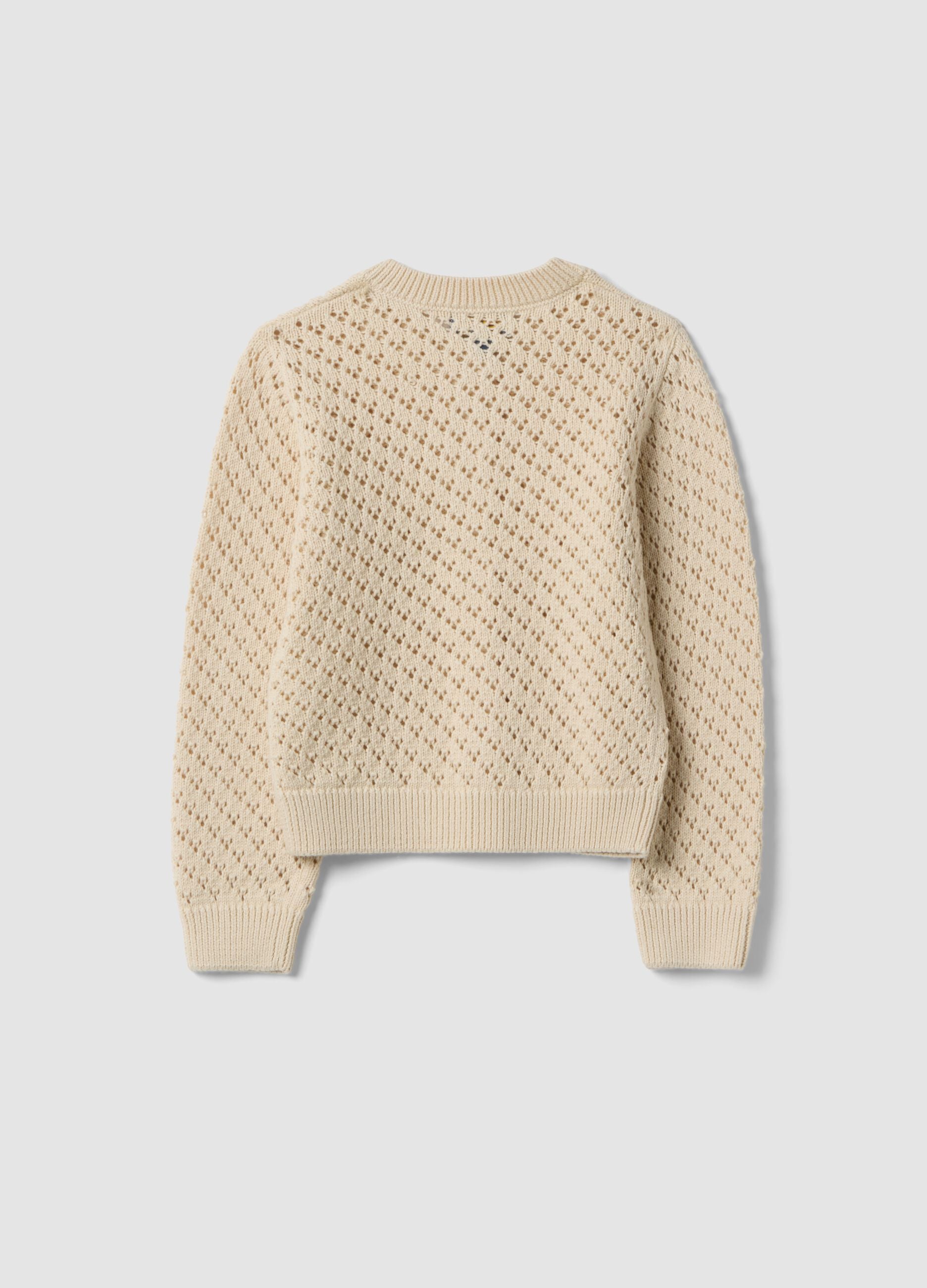 Girl's regular fit perforated cardigan in pure beige cotton